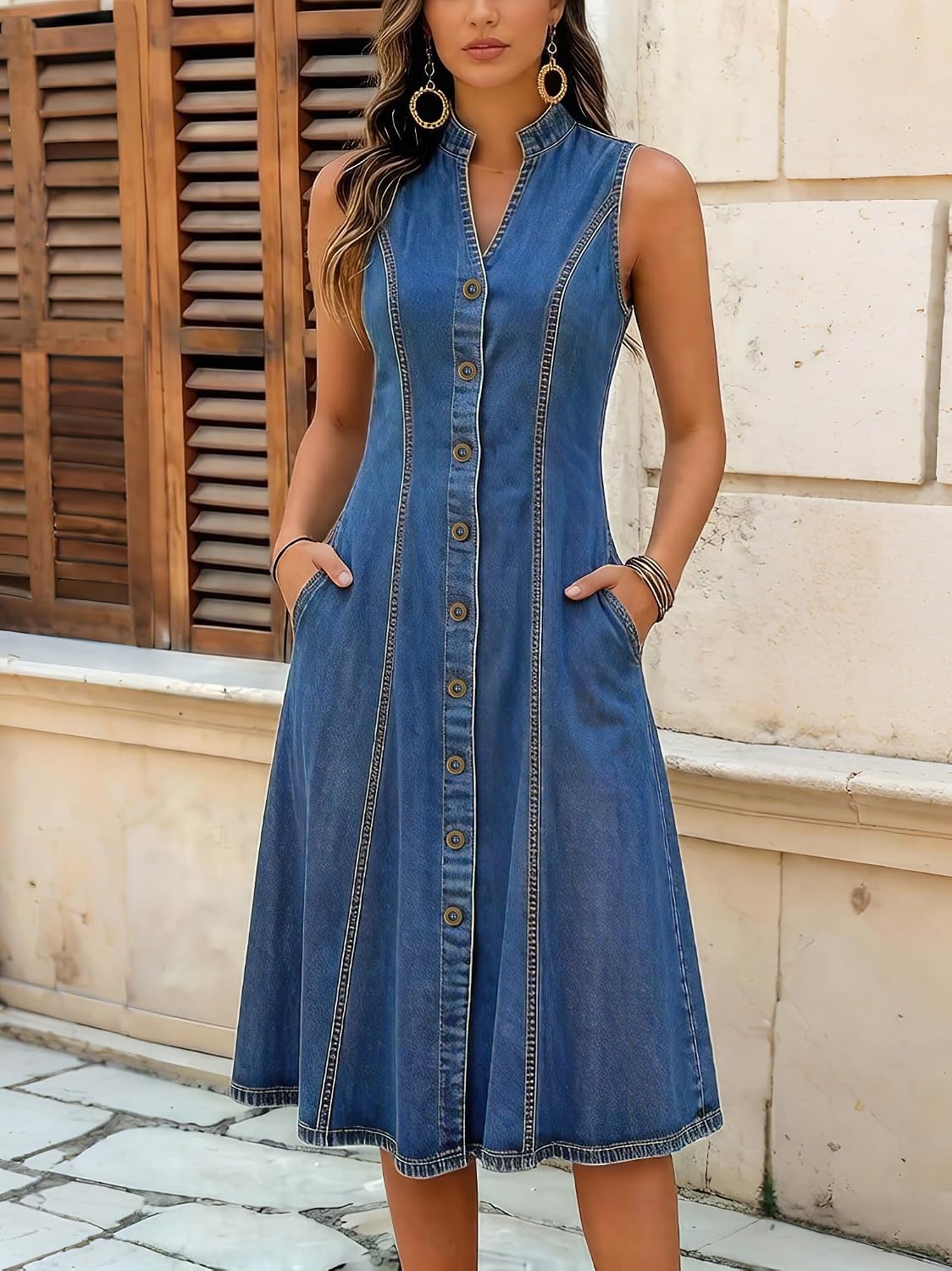 chouyatou Women's Sleeveless Denim Tank Dress V Neck Button Front A Line Midi Jean Sundress with Pockets image 3