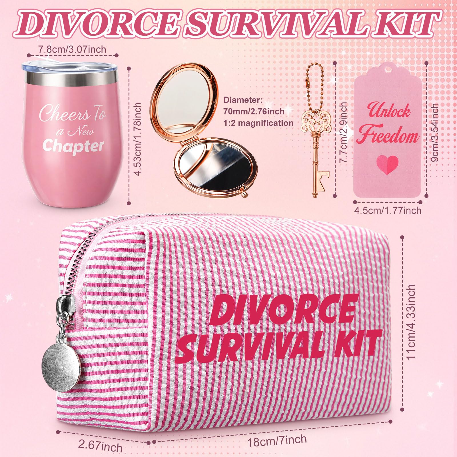 Patelai 5 pcs Divorce Gifts for Women - Funny Breakup Survival Kit with Makeup Bag, Wine Tumbler, Compact Mirror & Bottle Opener - Funny & Empowering Breakup Gifts for Her, Best Friend, Sister