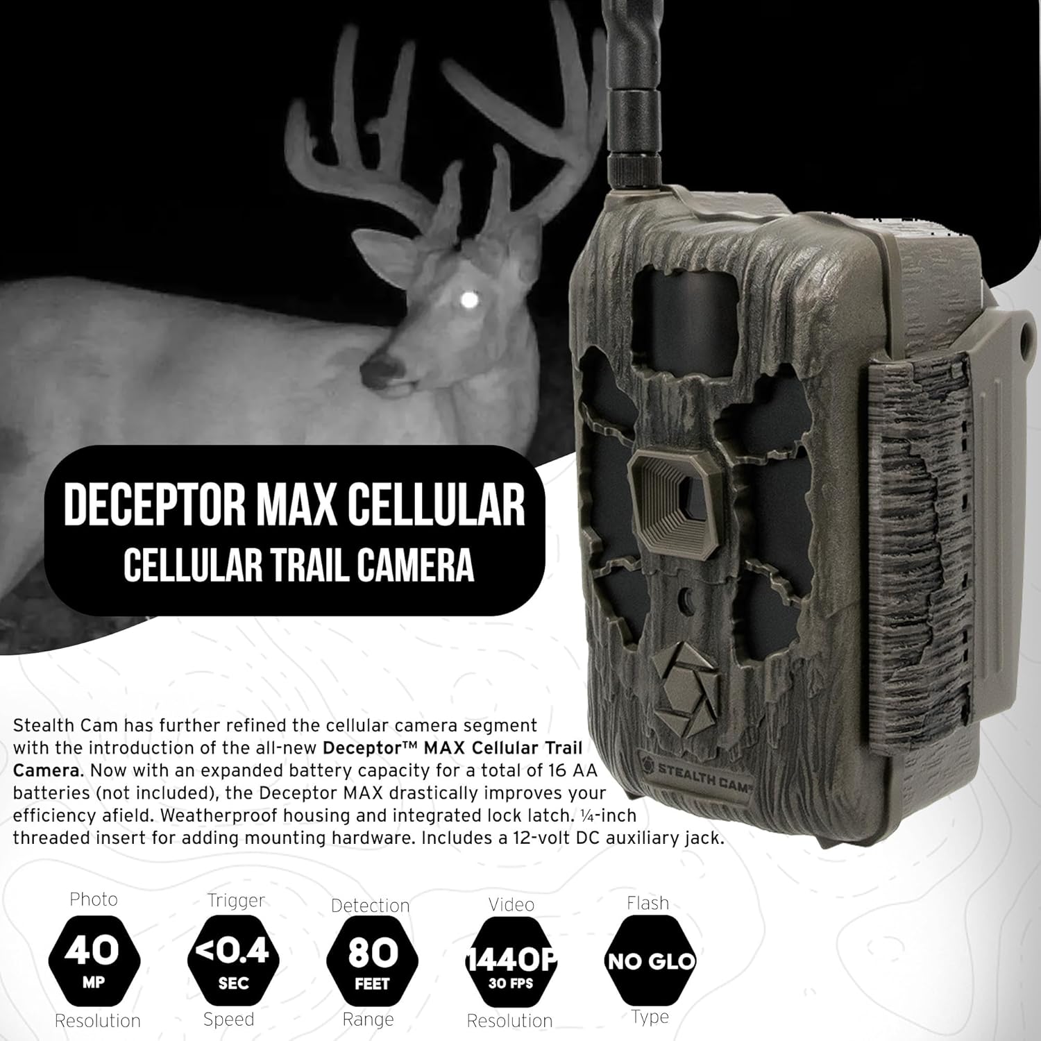 נאָענט-אַרויף view of the Stealth Cam Deceptor Max Cellular Trail Camera, highlighting its features like the antenna, lens, and LED array.