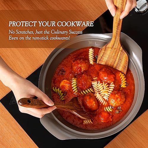 Miniatura 5 de Cucharas de madera de 8 piezas para cocinar, utensilios de madera de teca de acabado liso, juego de cocina antiadherente, agarre cómodo, utensilios