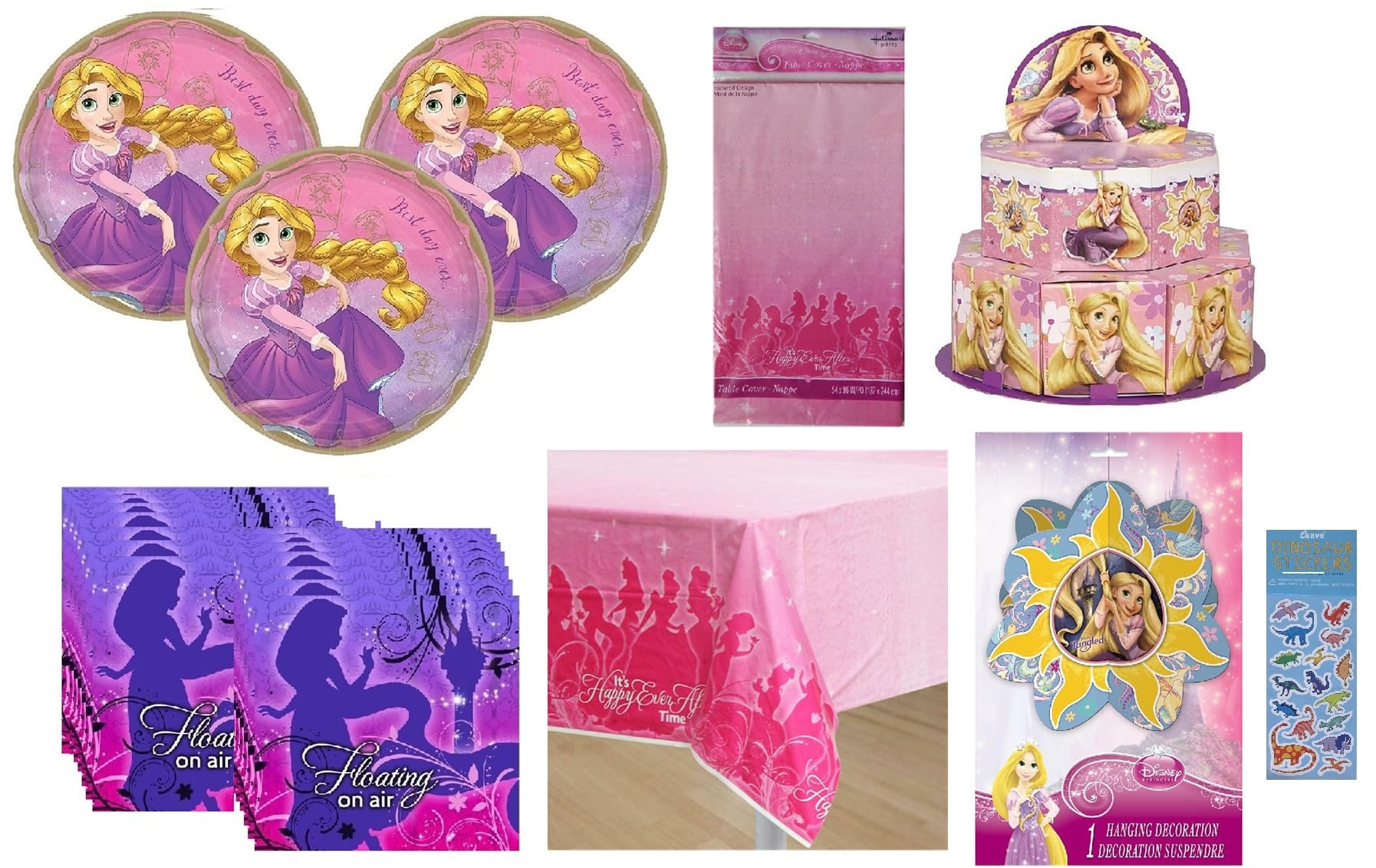 Disney Tangled Birthday Party Supplies Bundle Pack includes 16 Lunch Plates, 16 Napkins, 1 Table Cover, 1 Mini Favor Boxes Centerpiece, 1 Hanging