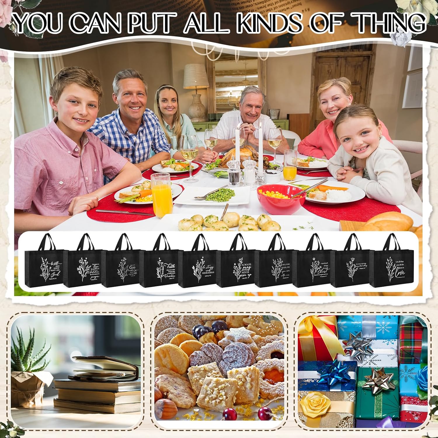 Paterr 30 Pcs Christian Appreciation Gift Bags Bulk Large Reusable Non-woven Christian Religious Bible Verse Pastor Tote Bags with Handles Church Valentines Party Favor (Black) - Image 7