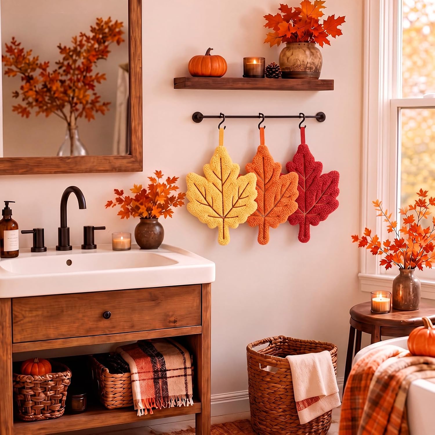 Panelee 3 Pack Fall Maple Leaf Hand Towels with Hanging Hooks