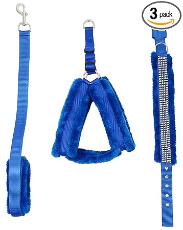 Skora Fancy Nylon blue fur 1.25 Inch Large Dog Harness, Dog Collar & Leash (Chest Size : 28-34 inch)