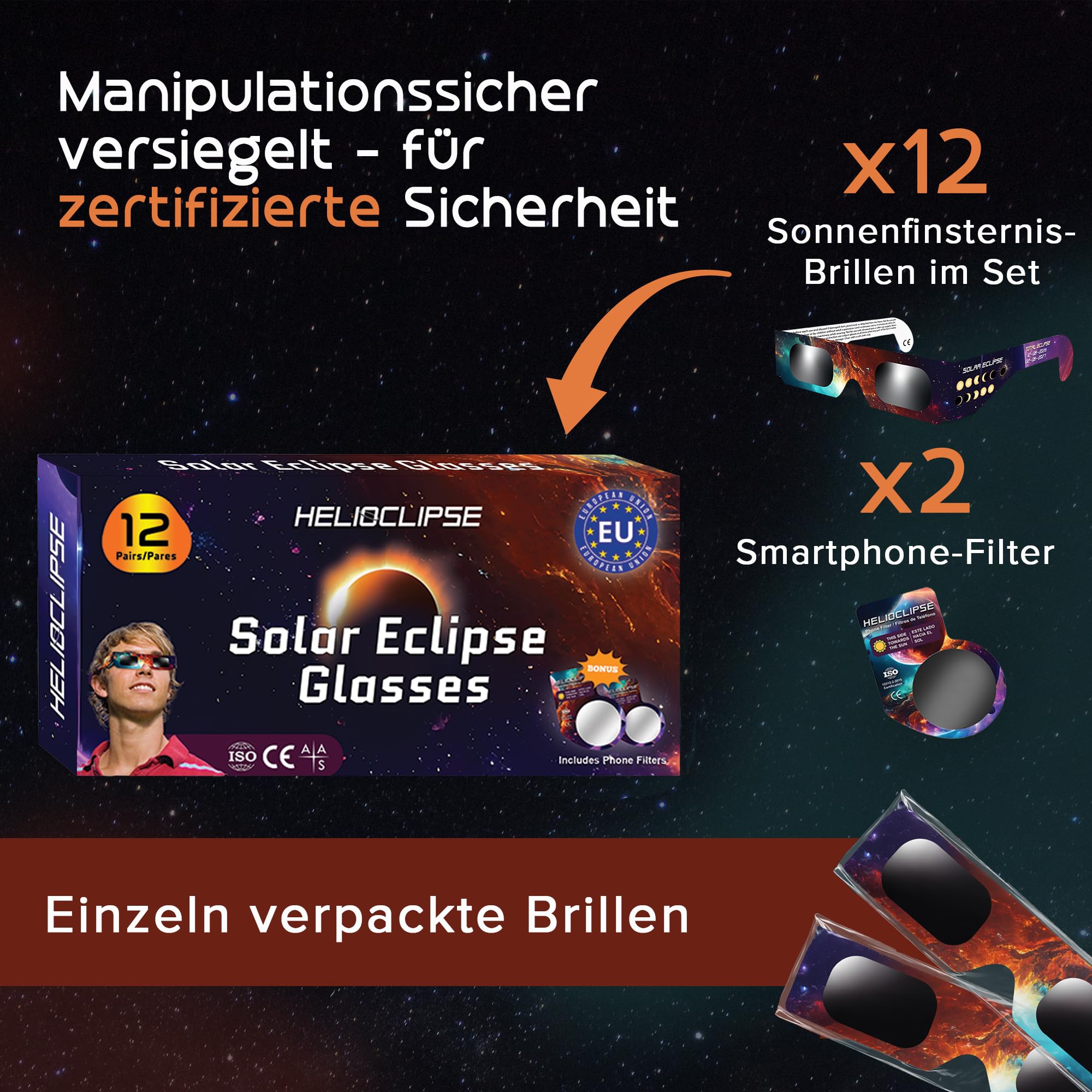Helioclipse 12/25/50/100 Sonnenfinsternis Brille ISO 12312-2 Zertifiziert 2026 - Brillen Sonnenfinsternis - Schutzbrille für Sonnenfinsternis - Solar Eclipse Glasses