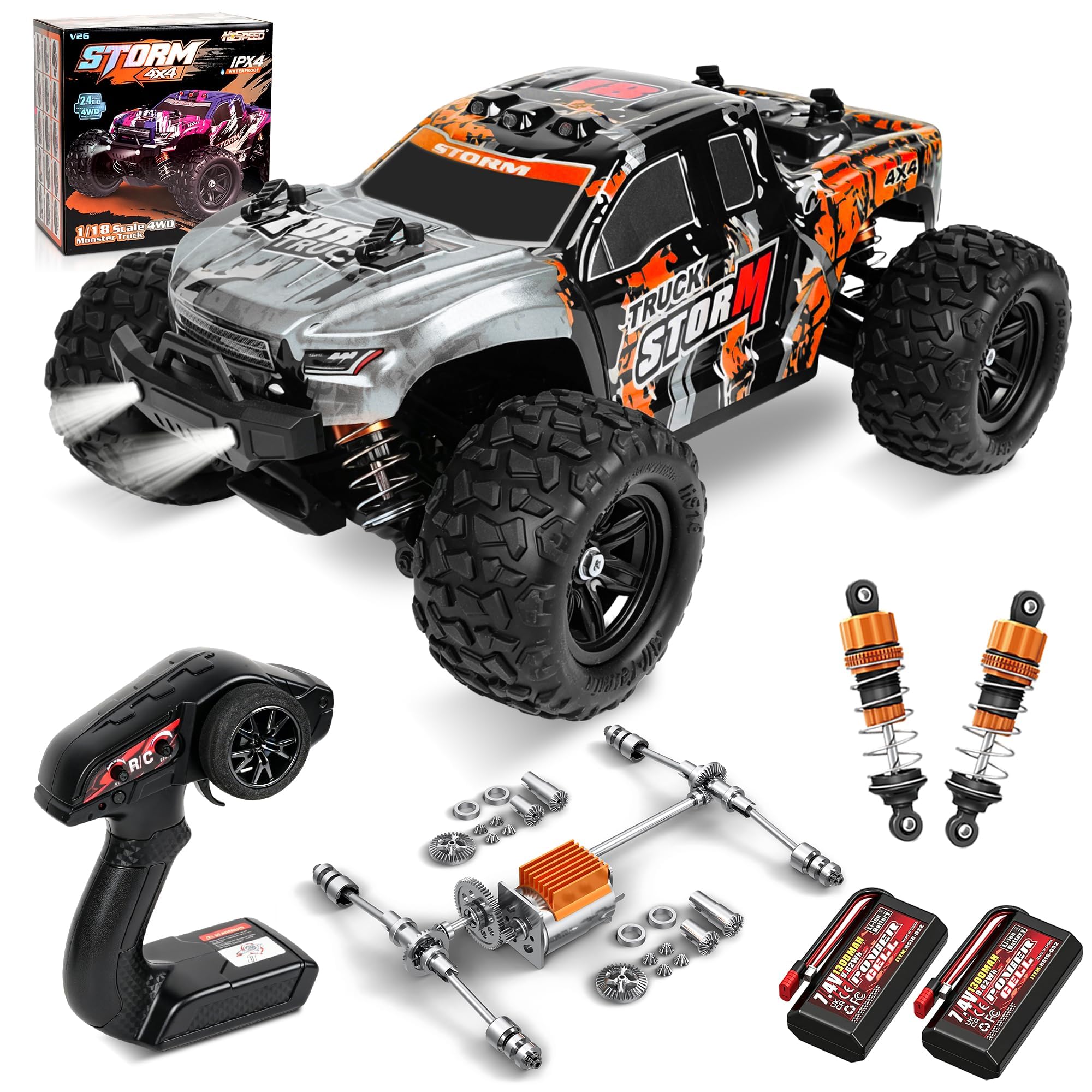 JOYTREKY Remote Control Cars -1:18 Rc Car 40km/H High Speed 4wd 2.4ghz All Terrain Off-Road Remote Control Truck, Hobby Grade Rc Vehicle With Dual Rechargeable Batteries For Adults & Kids - Orange