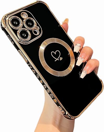 ZTOFERA Funda magnética para iPhone 15 Pro Max de 6.7 pulgadas compatible con MagSafe, bonita funda con patrón de corazones de amor chapado con