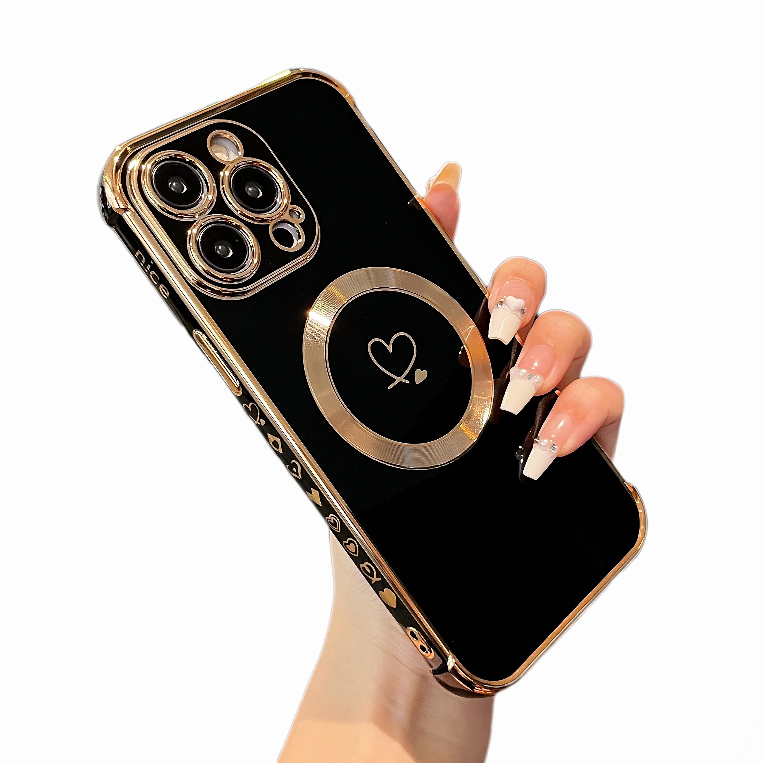 ZTOFERA Magnetic Case for iPhone 13 Pro Case 6.1 inch [Compatible with MagSafe] Cute Plating Love Hearts Pattern Case with Camera Protection,Soft Shockproof TPU Bumper Cover for Women Girls,Black