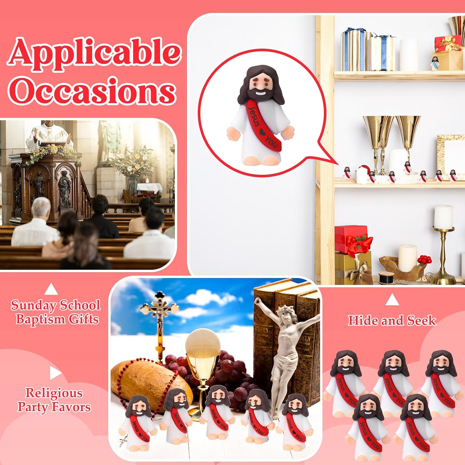 Bememo 25 Pcs Little Jesus Figures, Mini Jesus Loves You Figures, Original Design Multicolor Tiny Figurines to Hide and Seek, Sunday School Religious Party Favors Gift(Red)