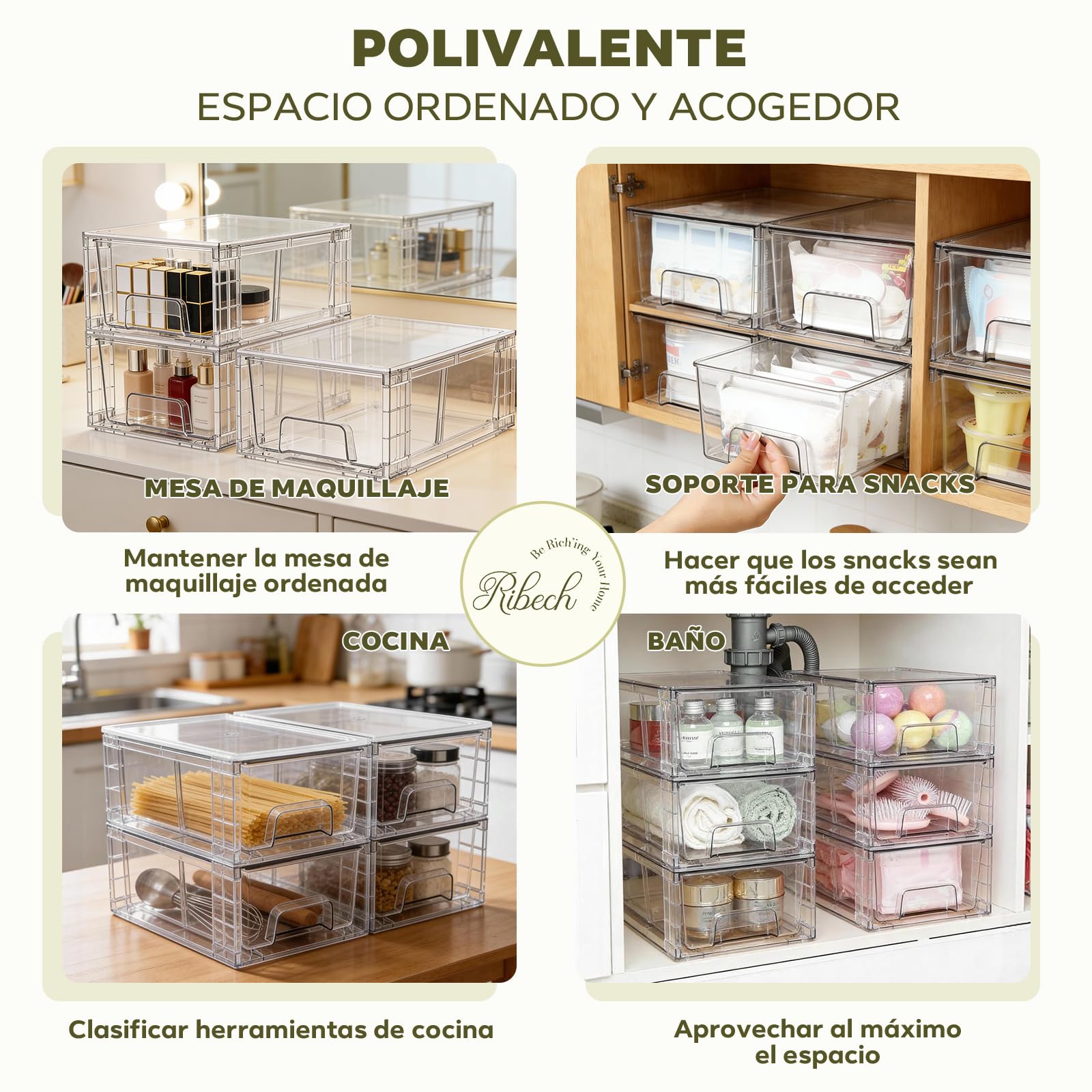 Juego de 4 Cajones Organizadores Apilables de Acrílico Transparente con Separador