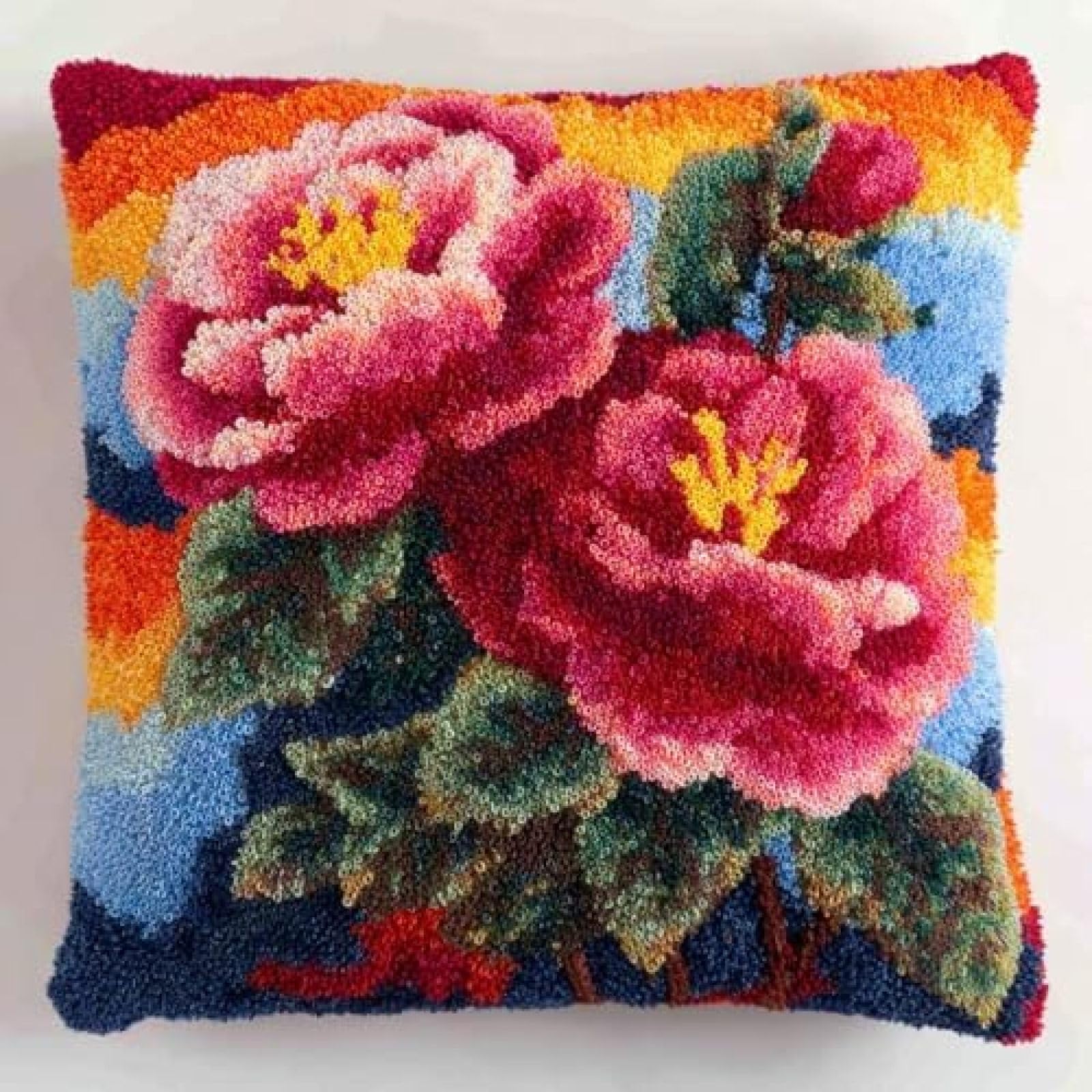 kitphoenix Adults DIY Cushion Cover Craft Kit,Camellia Flowers and Sunset,Relaxing Latch Hook Hobby Set with Printed Canvas and Yarn,Gift Idea for Women