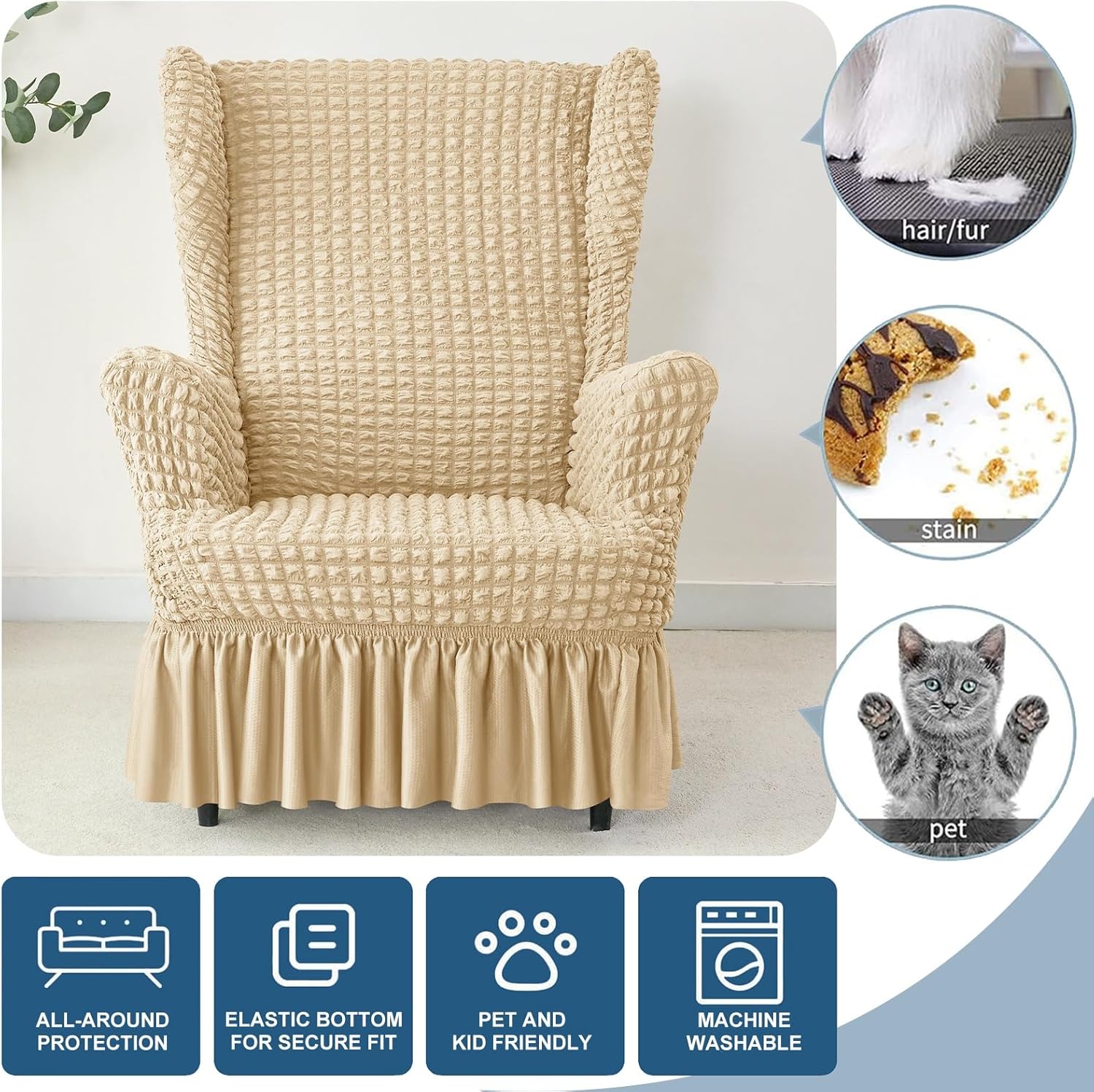 Stretch Seersucker Wingback Chair Slipcover, Universal Bubble Wing Chair Slipcovers with Skirt, Living Room High Back Chair Covers Set, Easy Fit Washable Slip Covers for Armchairs(Dark Beige,Chair)
