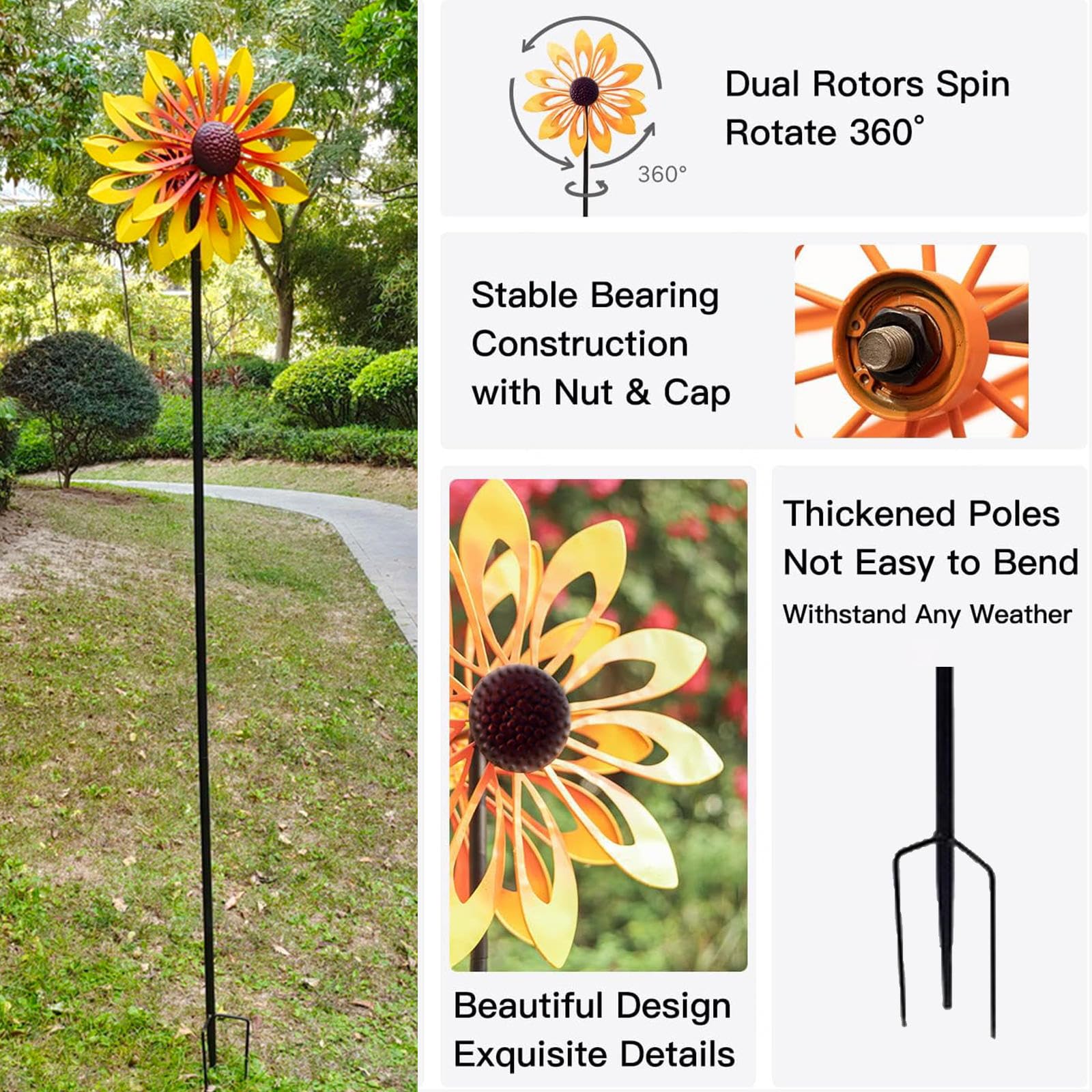 WindräDer Garten, Doppelwindrad mit gegenläufigen Rotoren,174CM Gelb Windspiel für Yard Decor, Landschaft Terrasse, Rasens Oder Gartens,Yellow