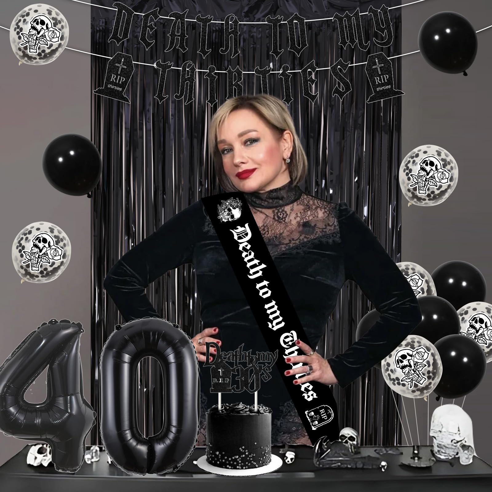 Funmemoir Decorazioni gotiche per il 40° compleanno da donna, con scritta  Death to My 30s, striscione strappato anni '30, palloncini in alluminio, topper per torte, tenda con frange per strappare