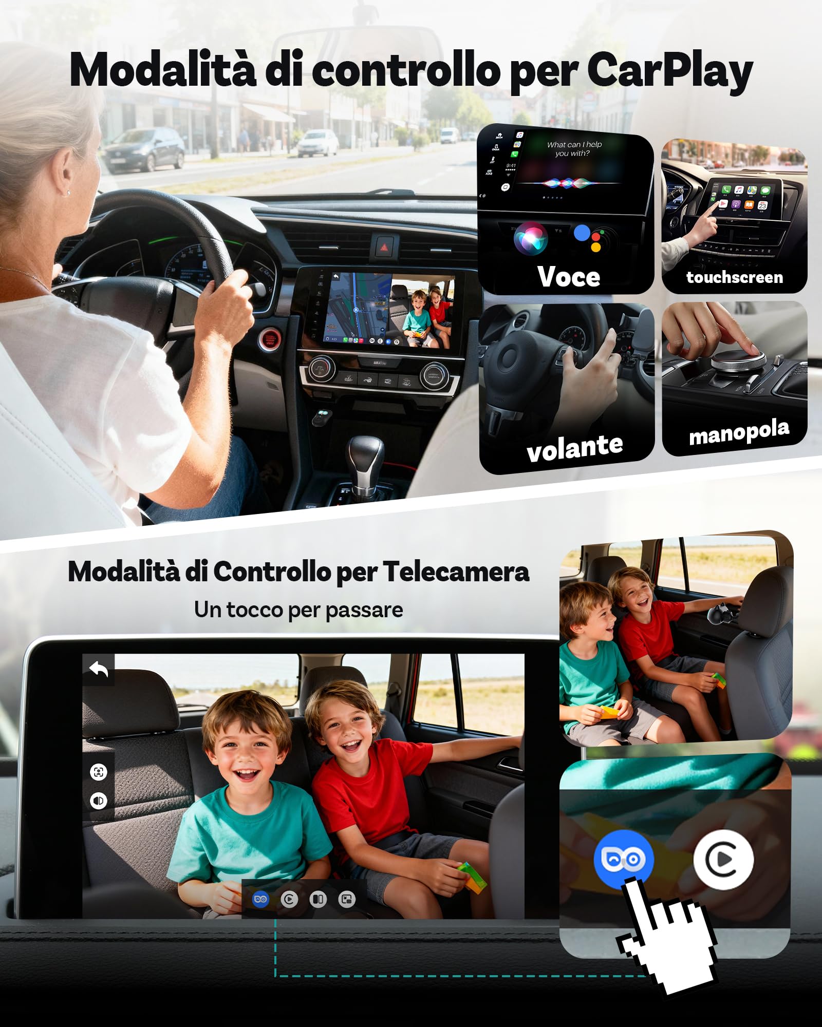 OTTOCAST Cabin Care 2026, 2-in-1 Adattatore CarPlay Wireless & Telecamera Bebè Auto 1080P, Visione Notturna IR, Grandangolo 150°, Monitor Sedile Posteriore, Compatibile con Auto CarPlay Cablate 2016+