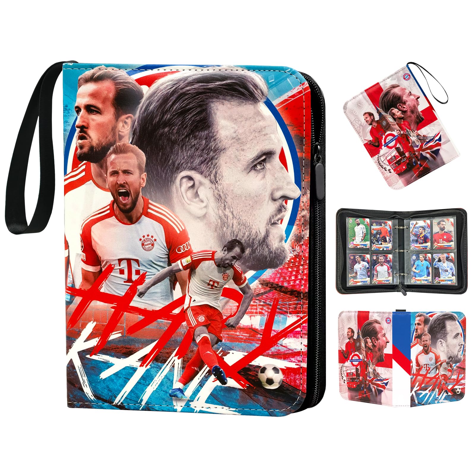 Oirigaga Fussball Sammelkarten Album 4 Fächern 50 Hüllen für 400 Karten, Fußball Karten Sammelalbum Sammelmappe Sammelheft Sammelbuch mit Reißverschluss Tragegriff, Wasserdicht Sport Karten Ordner