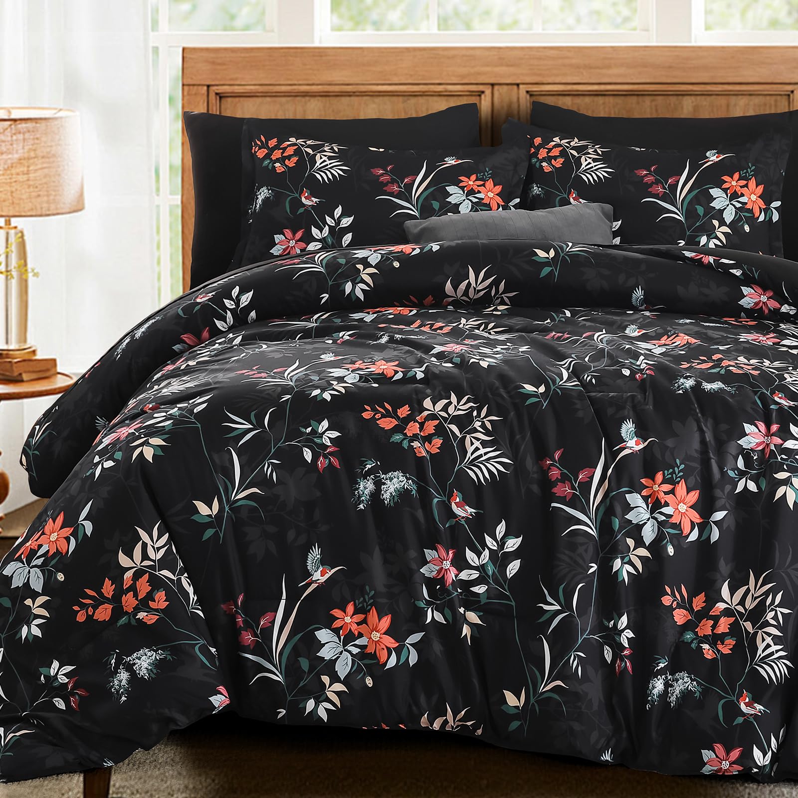 Black Queen Comforter Size Set, 7 Pieces Floral Bed in a Bag Bedding Sets, Lightweight Soft Comforter and Sheet Set, All Season Microfiber Flower Bedding Sets