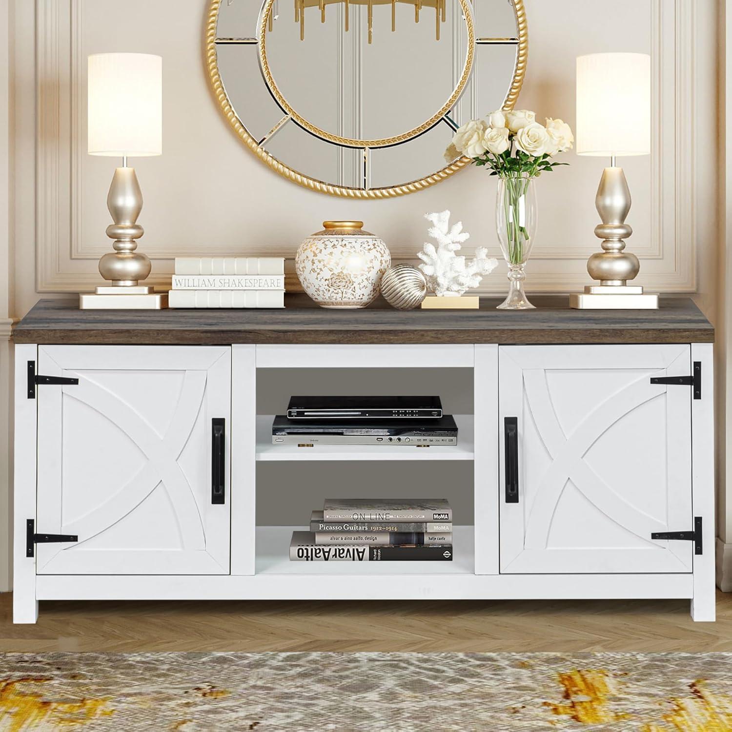 TV Stand for 65 Inch TVs, Farmhouse Entertainment Center with Storage Cabinets and Open Shelf, Rustic TV Stands for Living Room, Cabinet Media Console Table for Bedroom, Office, White