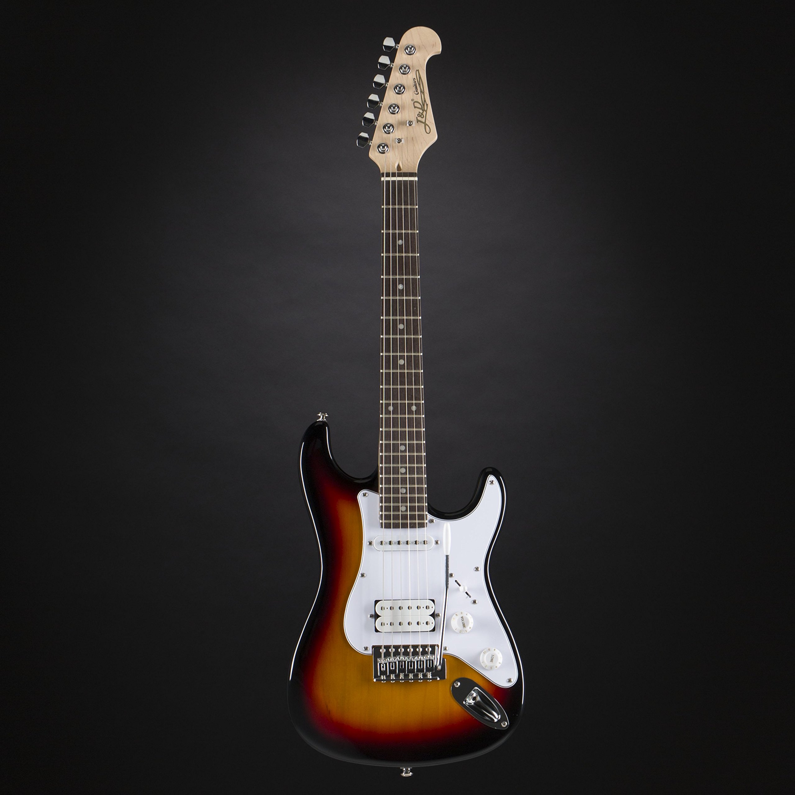 J & D E-Gitarre, 3/4 elektrische Gitarre für Anfänger mit Single Coil Tonabnehmer, Electric Guitar in hochglanz Sunburst, ST-Style Mini