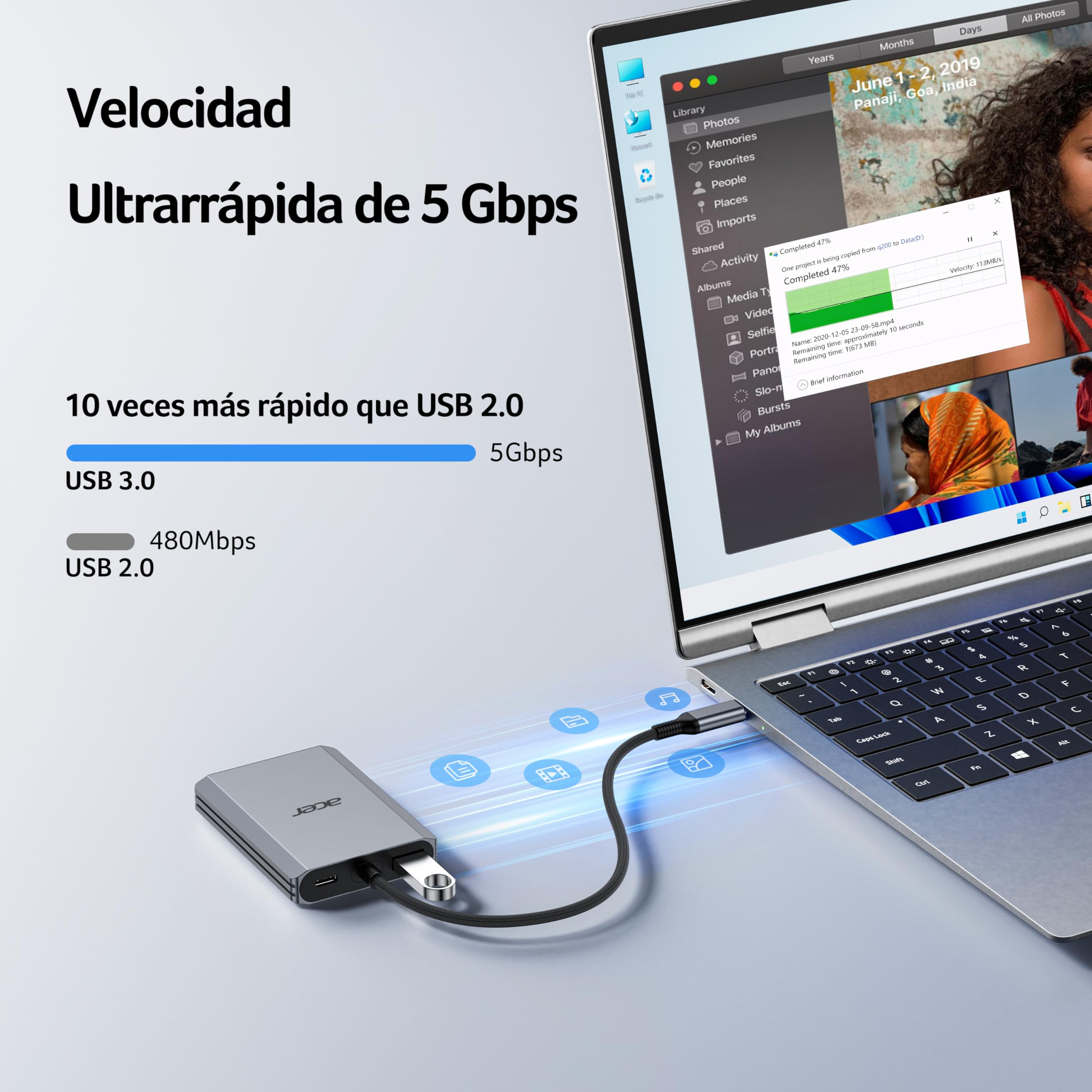acer Adaptador USB C a HDMI Dual 4K@60 Hz, Adaptador Multipuerto Hub USB C 4 en 1 con PD 100W, USB 3.0, HDMI a USB C para Monitores Duales, Compatible con MacBook Air/Pro, DELL XPS, HP, etc