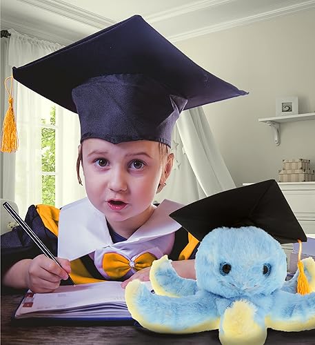 Miniatura 7 de DolliBu Juguete de peluche de graduación de pulpo azul, vestido de peluche de graduación súper suave, con vestido y gorra con borlas, bonito regalo