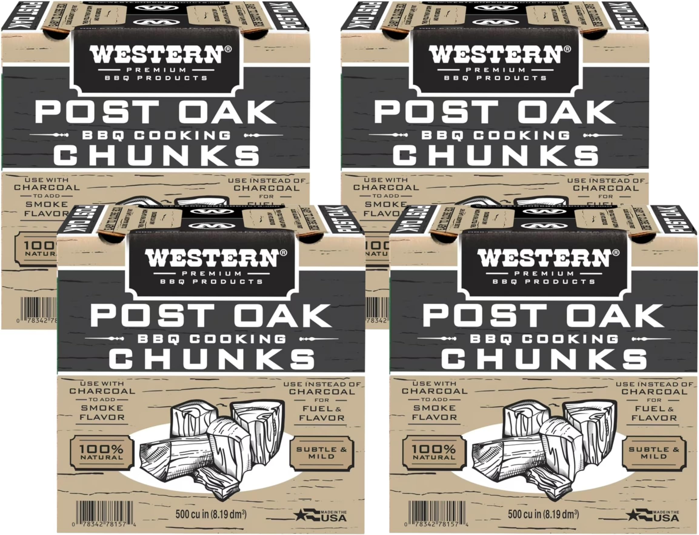 Western Wood Smoking Chunks Multi Pack – 4 Boxes (500 cu in Each) – Post Oak Chunks – All-Natural BBQ Wood for Grilling, Smoking Beef, Pork, Poultry & More (Post Oak, Wood Chunks)