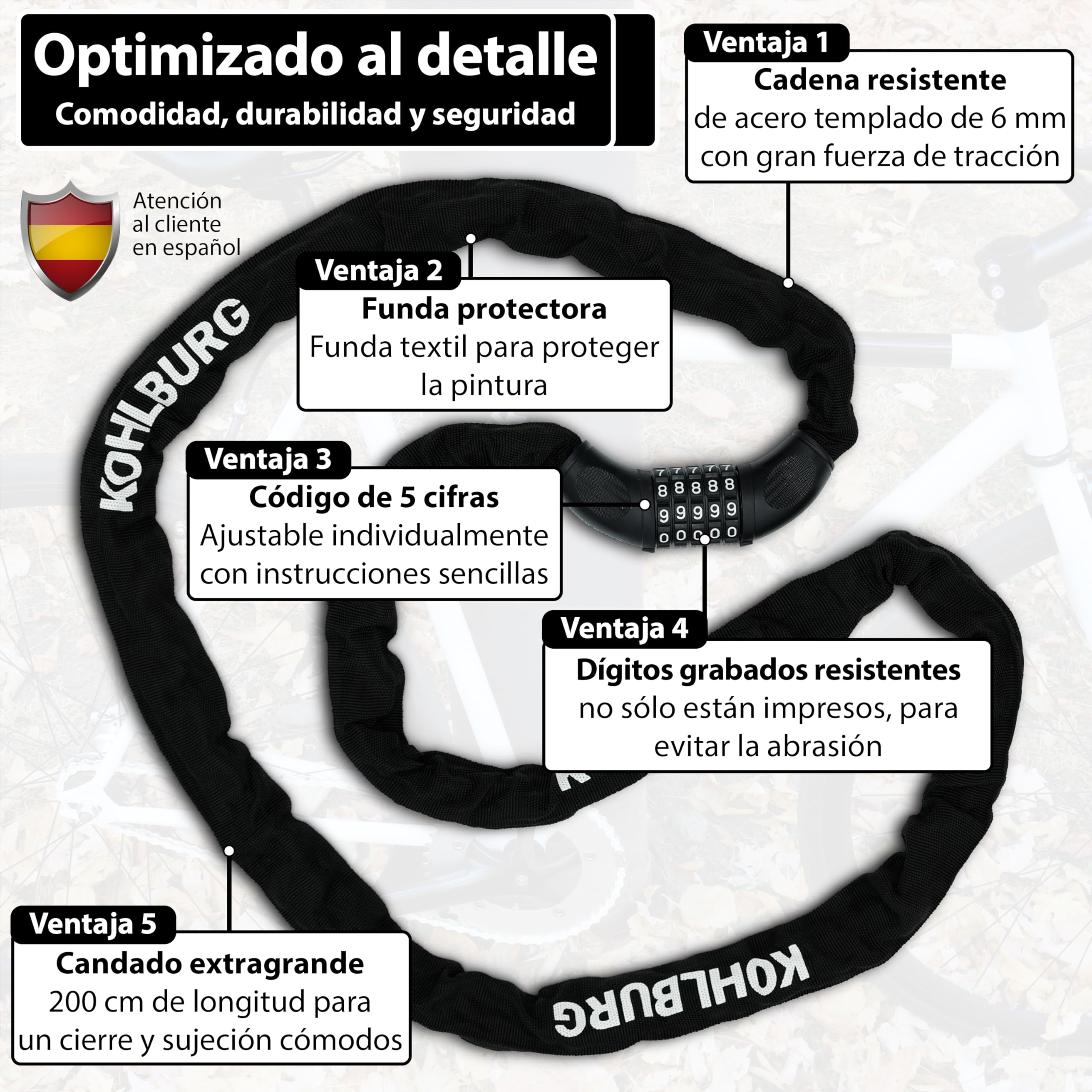 KOHLBURG Candado de combinación 200 cm, en acero especial de 6 mm, Antirrobo de bici de 2 m con código numérico, Antirrobo de cadena extra largo de 200cm, combinación numérica para e‑bike, e‑scooter