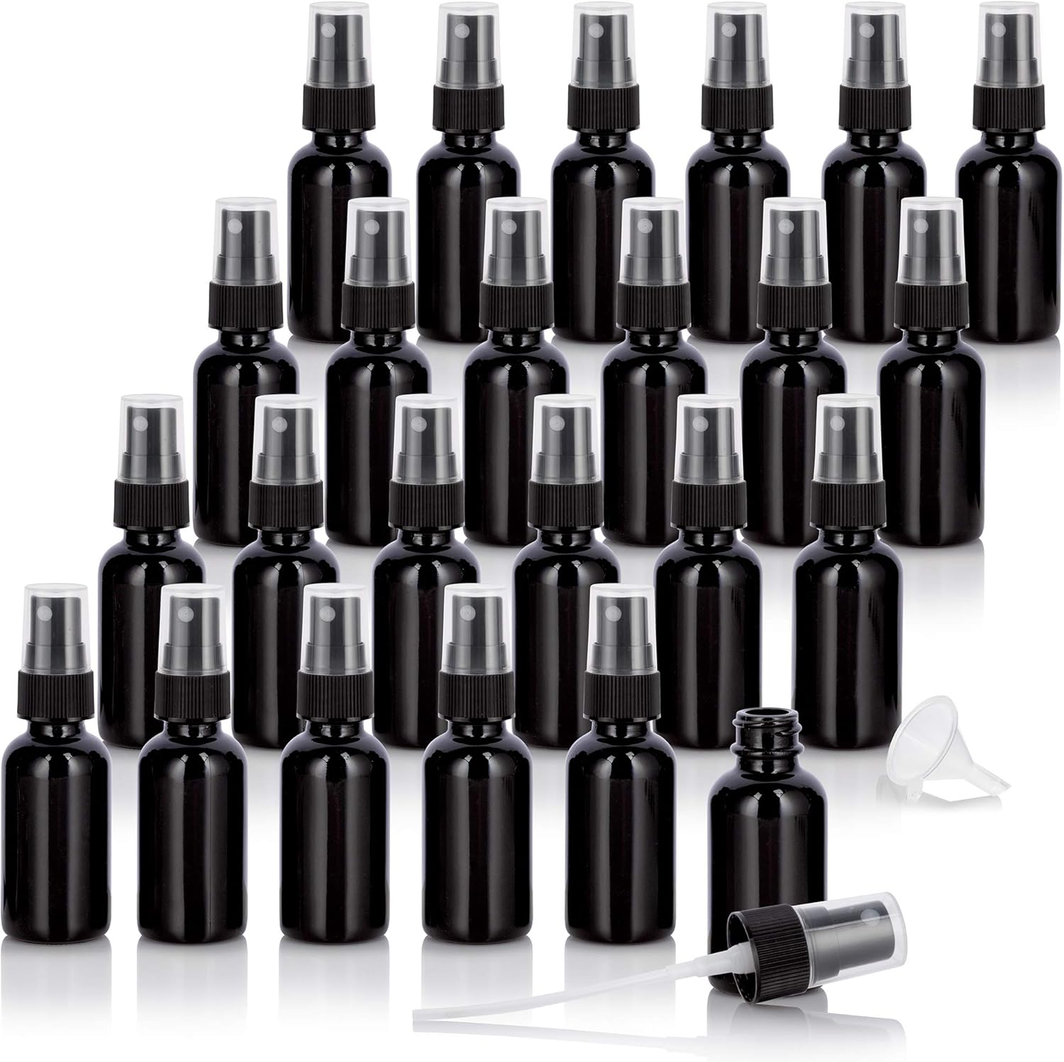 JUVITUS 1 oz / 30 ml Black Glass Boston Round Bottle with Black Fine Mist Spray + Funnel (24 pack)