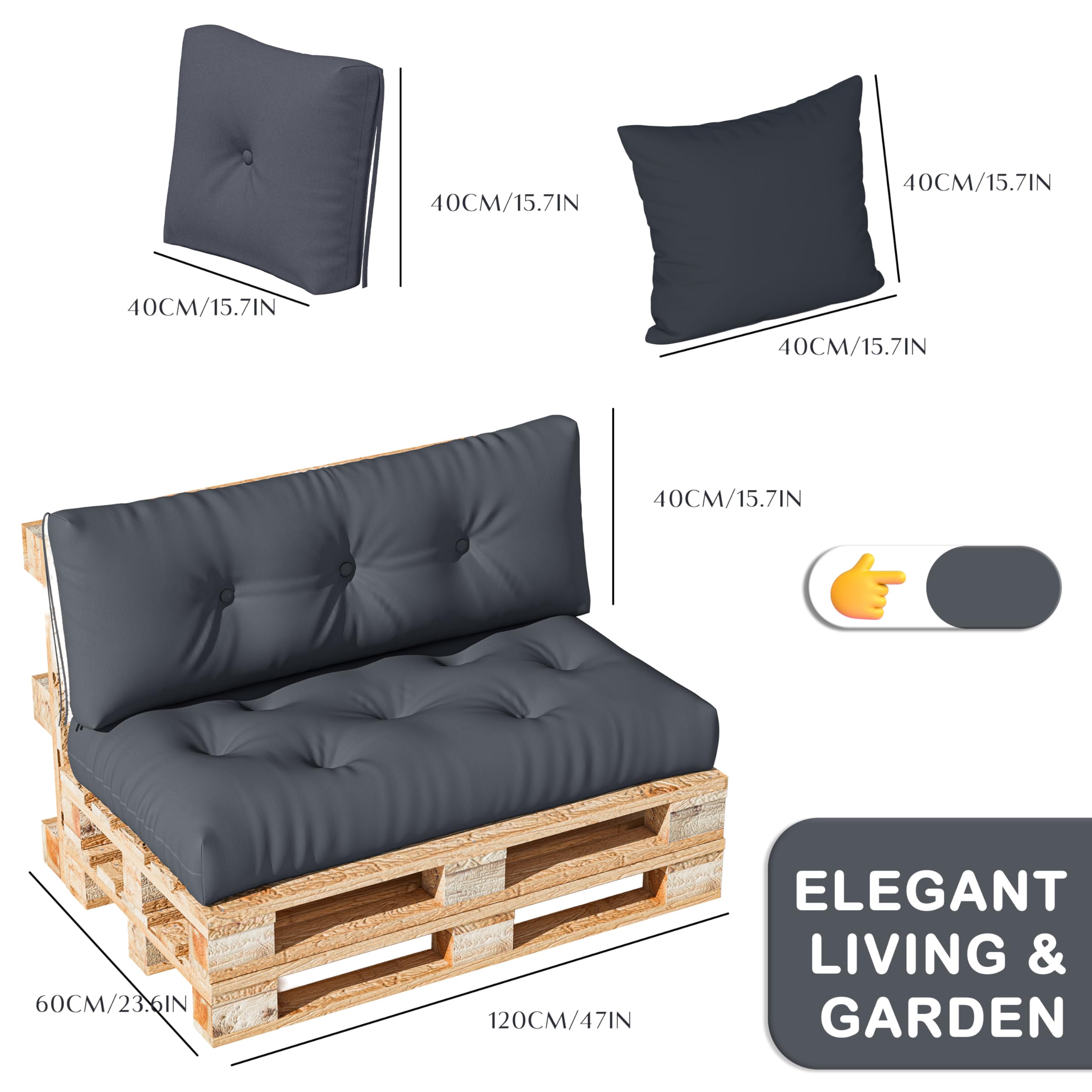 Palettenkissen Rückenlehne 120x40 cm – Gartensofakissen, gestepptes Rückenpolster für Palettenmöbel, Terrasse & Sofa