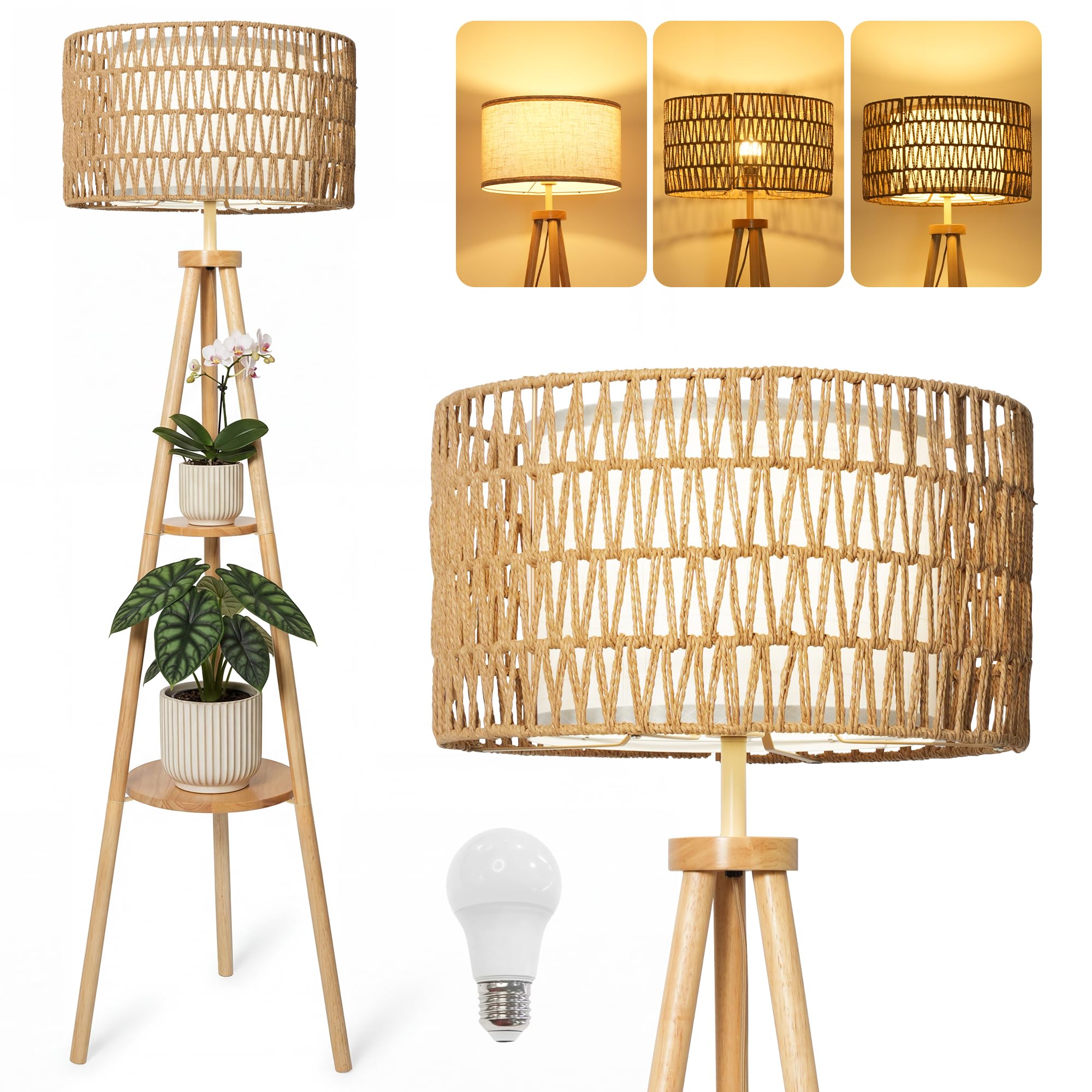 LuminexDesigns Tripod-Stehlampe aus Holz mit 2 Ablagen, Doppel-Lampenschirm aus Rattan & Stoff, Boho Stehleuchte im skandinavischen Stil, E27, Fußschalter, 154cm für Wohnzimmer Schlafzimmer Ecke