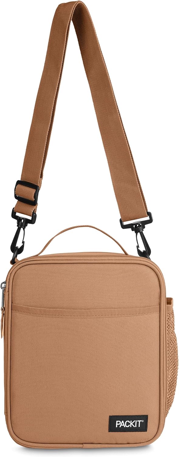 PackIt(R) Freezable Crossbody Lunch Box, Almond, Built with EcoFreeze(R) Technology, Fully Freezable, Collapsible, Reusable, With Top Handle, Front Slip Pocket. Effortlessly Carry, Fresh Every Time.