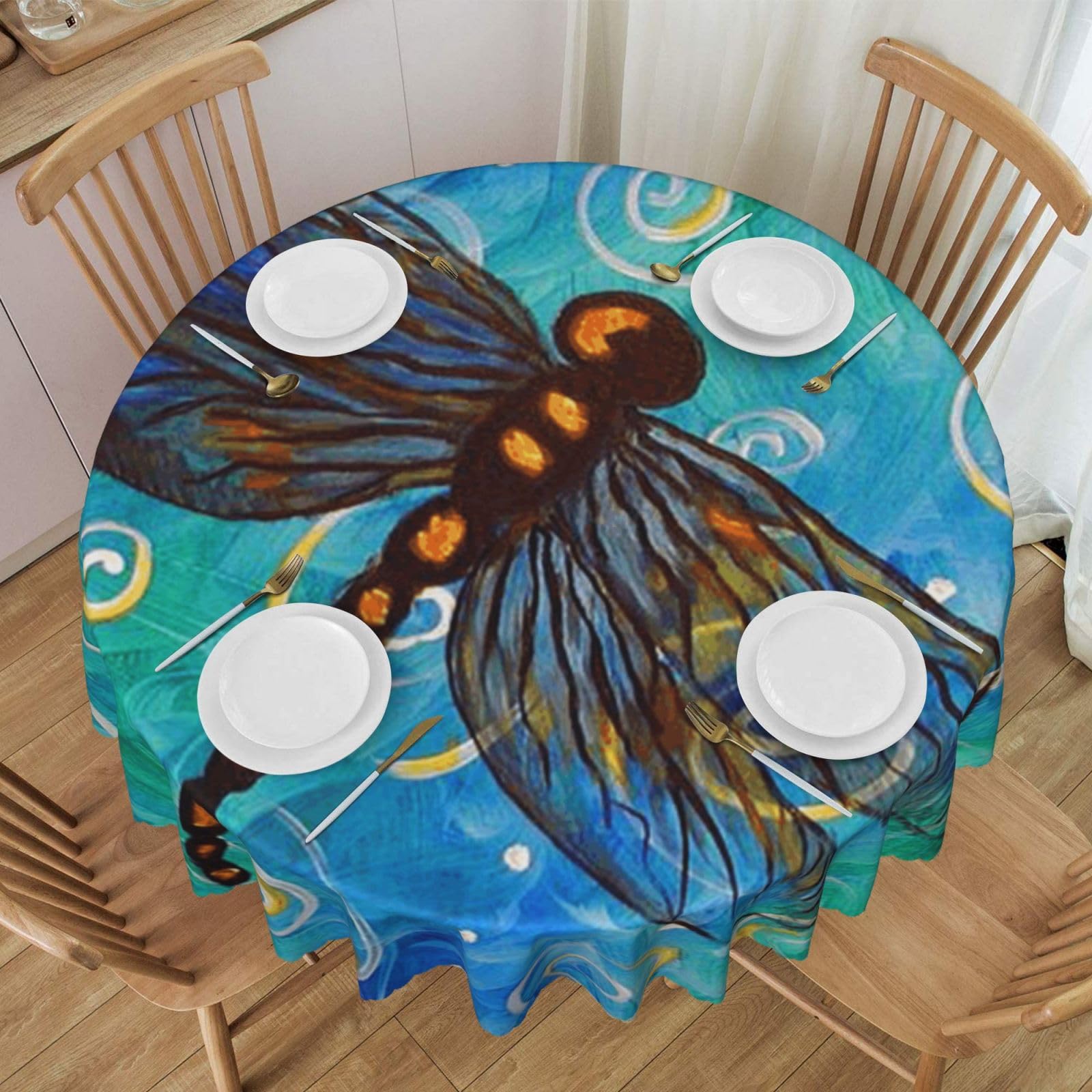 DCEHGEW 60 In Round Tablecloth with Lace, Blue dragonfly Printed Oilproof & Washable Fabric Picnic Table Cloth Table Covers
