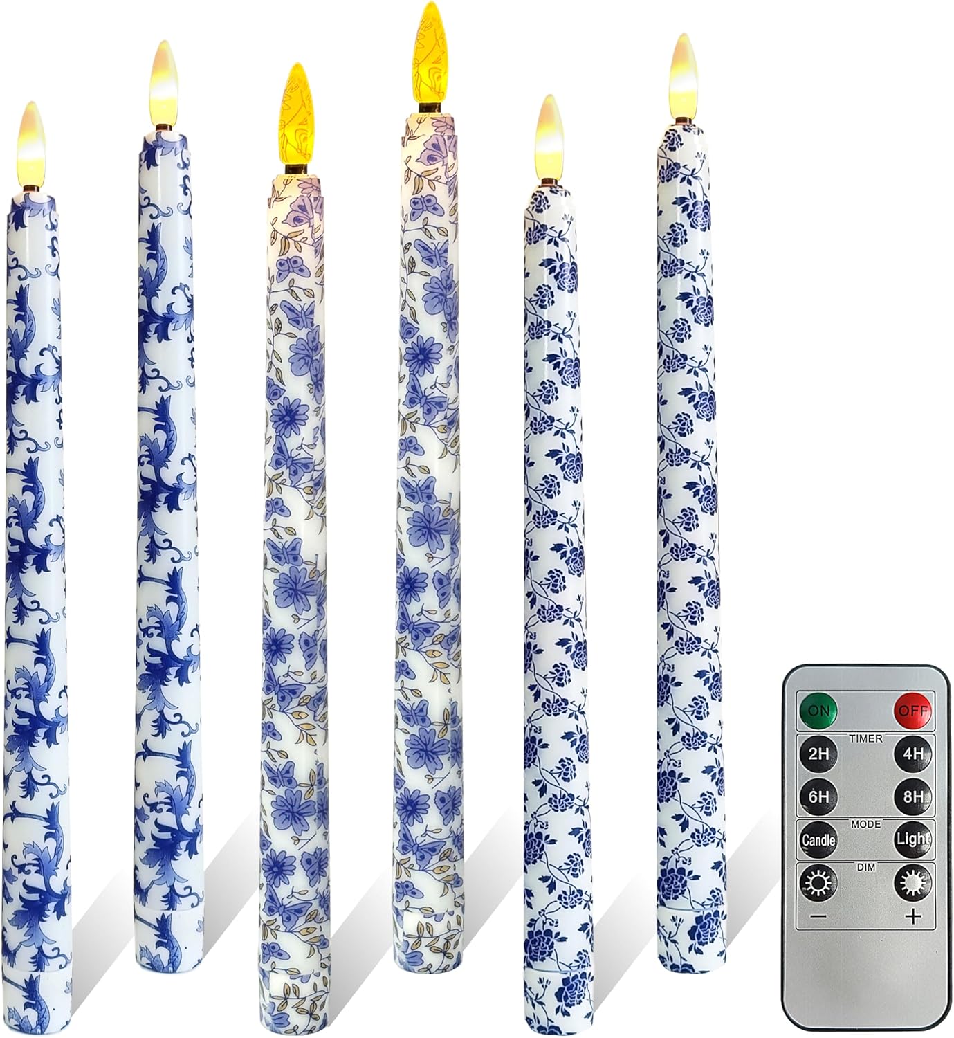 6PCS Blue and White Porcelain Flameless Taper Candles, 11 Inch LED Candlesticks Battery Operated with 11-Key Remote and Timer, 3D Flickering Flame Lights for Wedding Party Home Decor Gifts
