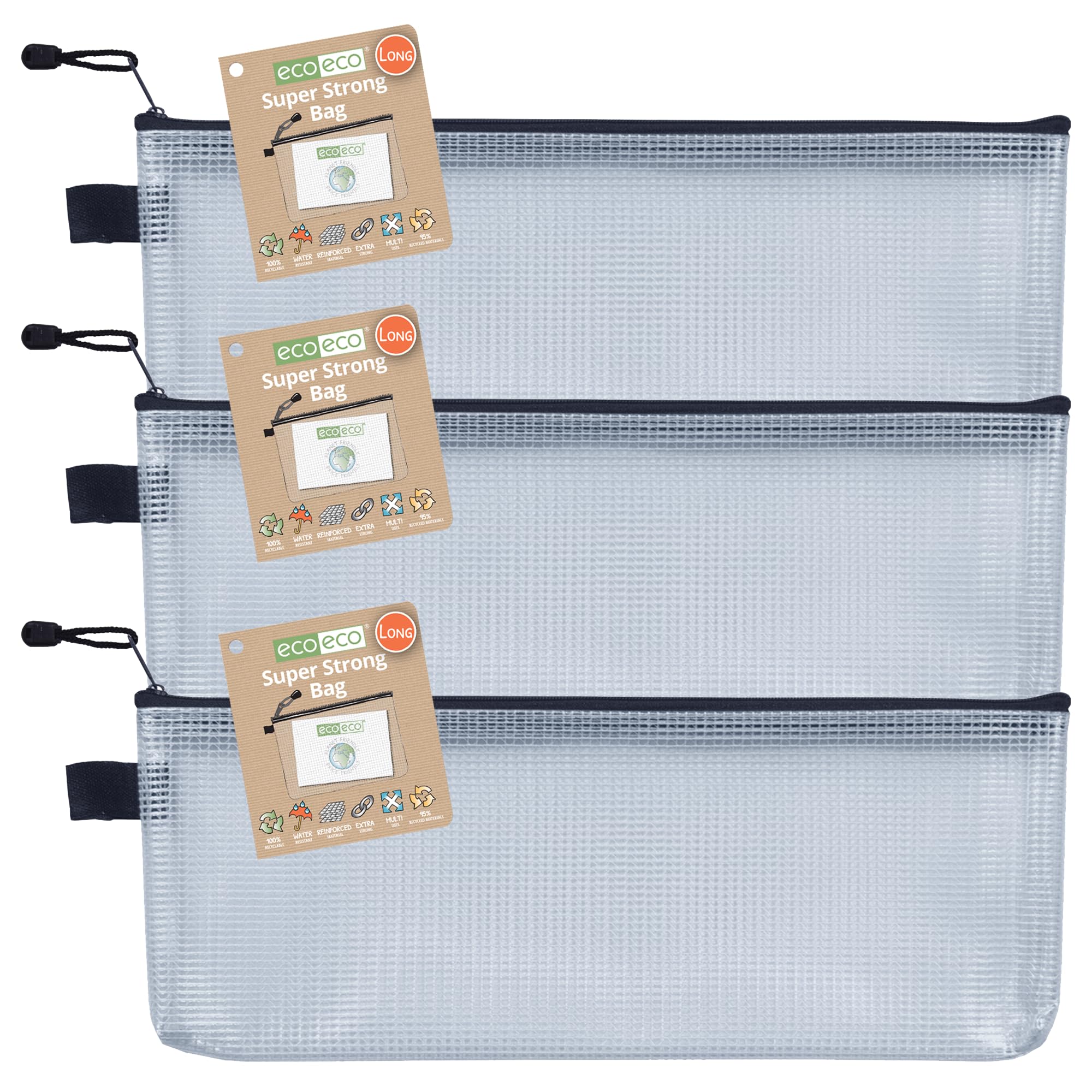 eco-eco Long 95% Recycled Super Strong Bag, Waterproof Mesh Tuff Bag, Reinforced Black Zip Closure Pencil Case 33x12.7cm