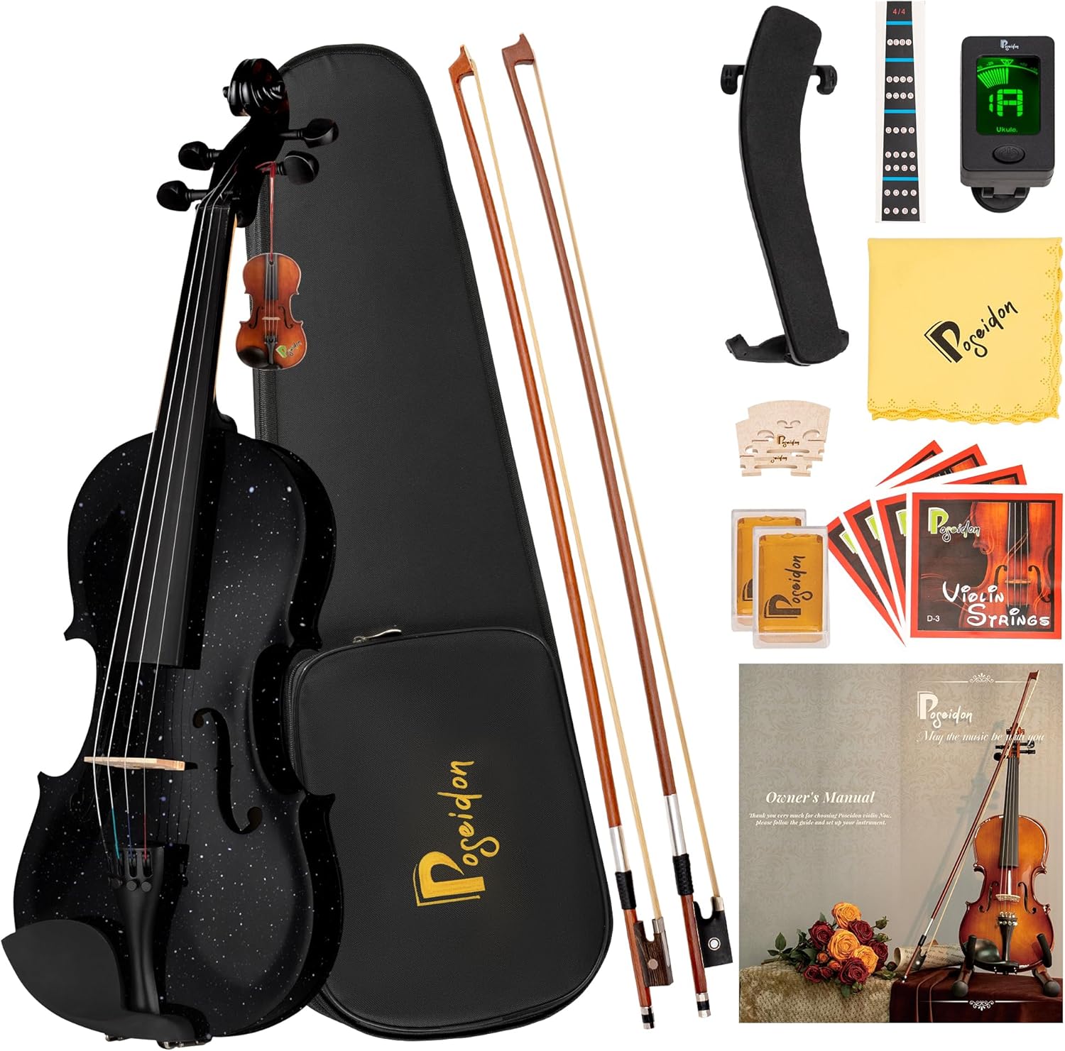Poseidon Violin Set for Beginners Adult Student, 4/4 Violin Beginner w/Case, Extra Violin 4/4 Strings Set, Two Bows, Two Bridges, Two Rosins, Tuner, Manual - Black 4/4 Glossy Black(Two Bows)