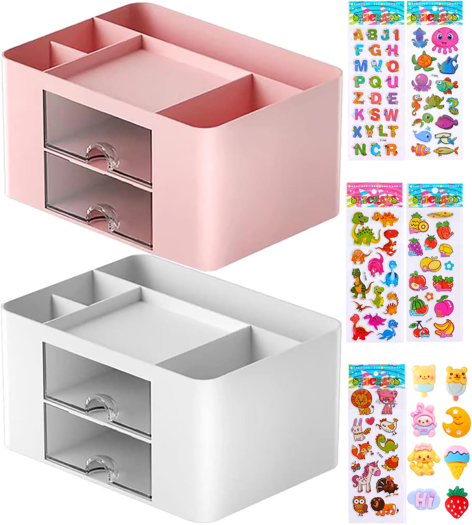 Lostwry Organizador Escritorio, 2 Piezas Organizador de escritorio con cajón Plástico de Organizador Escritorio con 5 Compartments organizador de lápices para Hogar, Oficina y Escuela (Rosa+Blanco)