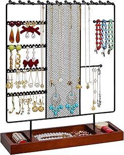 metwoods Earring Holder Jewellery Organiser Stand, 5-Tier Earring Organiser Jewellery Display Stand Holder with Earring Metal Grid Plate & Wooden Tray, for Earring Bracelet Necklace (Black)