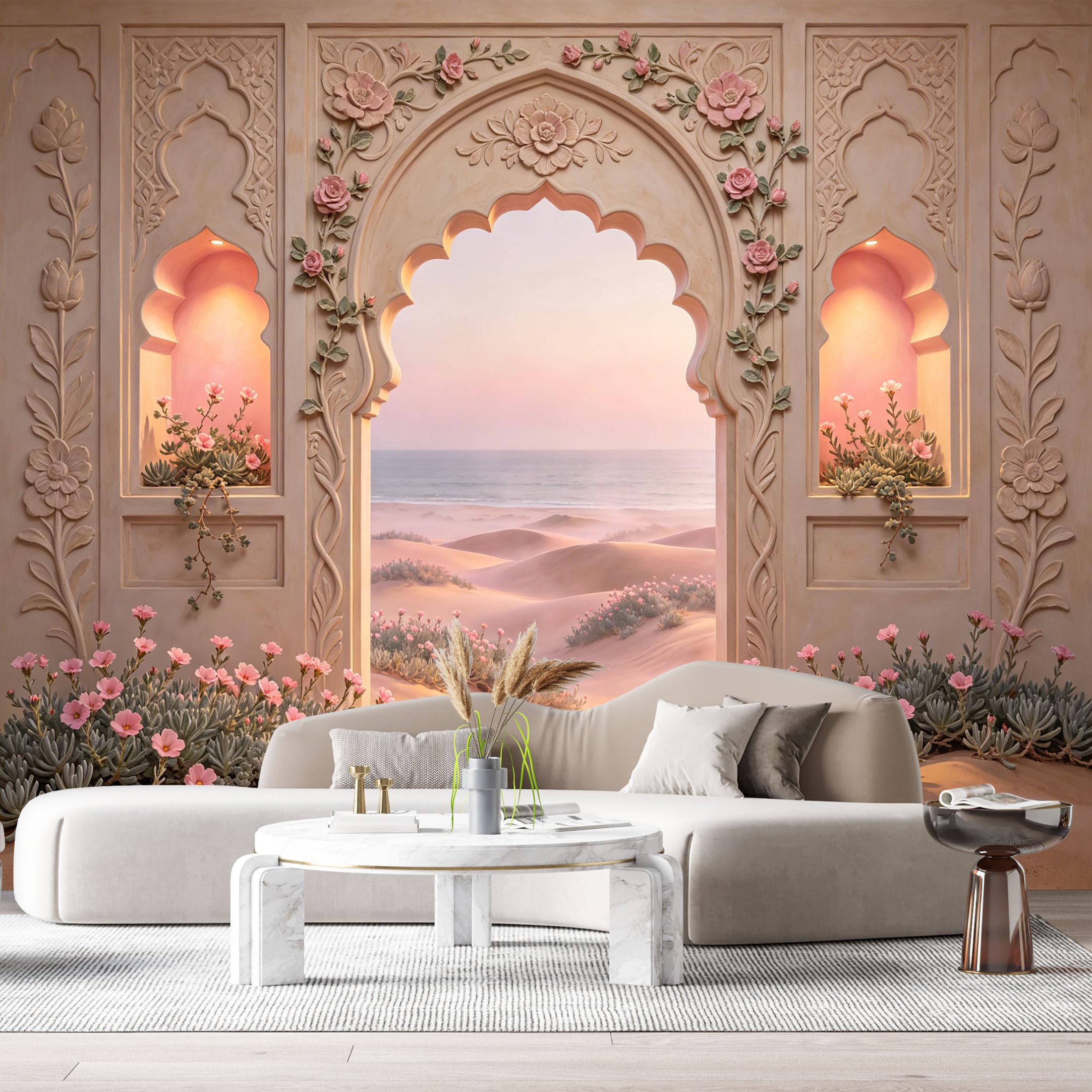 Custom Size Wall Murals Surreal Desert Archway Ocean Sunset Floral Motif 3D Trompe L'Oeil SelfAdhesiveWall Fabric Removable Wallpaper Wall Decor for Living Room Bedroom Bathroom