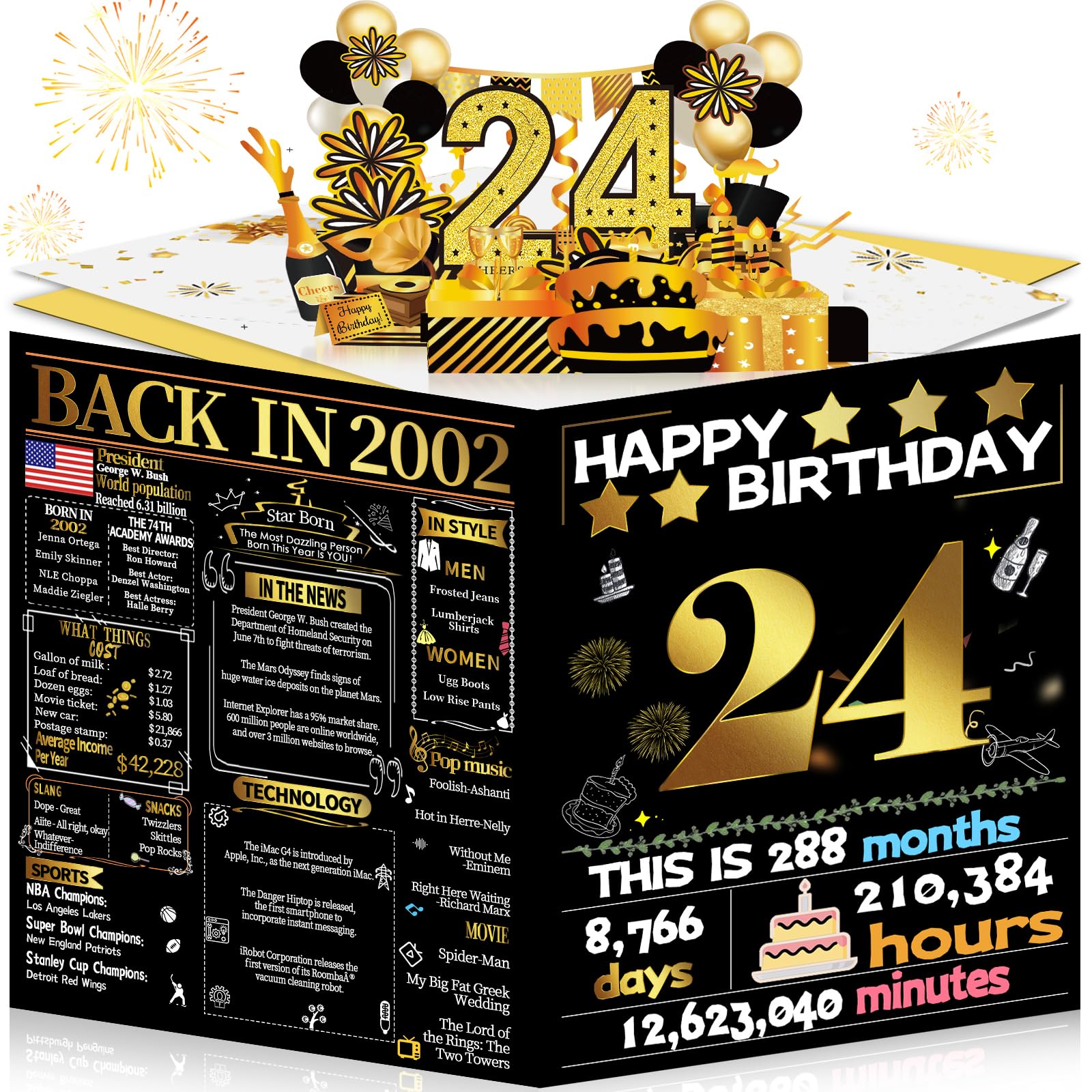 Joycard 24th Birthday Card for Her Him, 3D Pop Up Happy Birthday Gift for Daughter Son, Funny 24 year old Birthday Decorations for Granddaughter Grandson, Back in 2002 Laser Gold Retro Theme