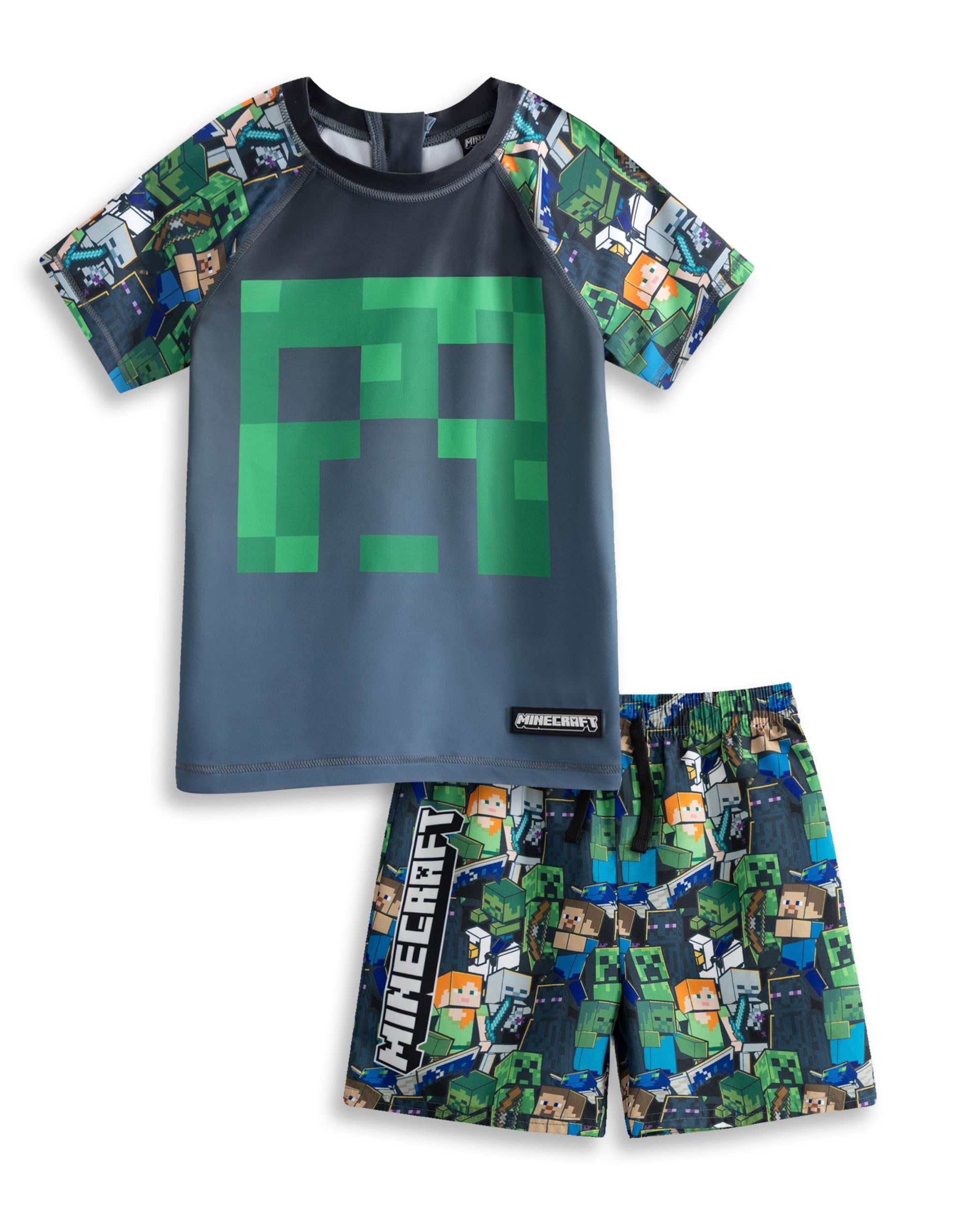 Minecraft Creeper Steve Boys Green 2 Piece Swim Set | Short Sleeve Graphic Tee & Shorts with Pixelated Character Print | Elasticated Waistband Beachwear Merch - 11-12 Years