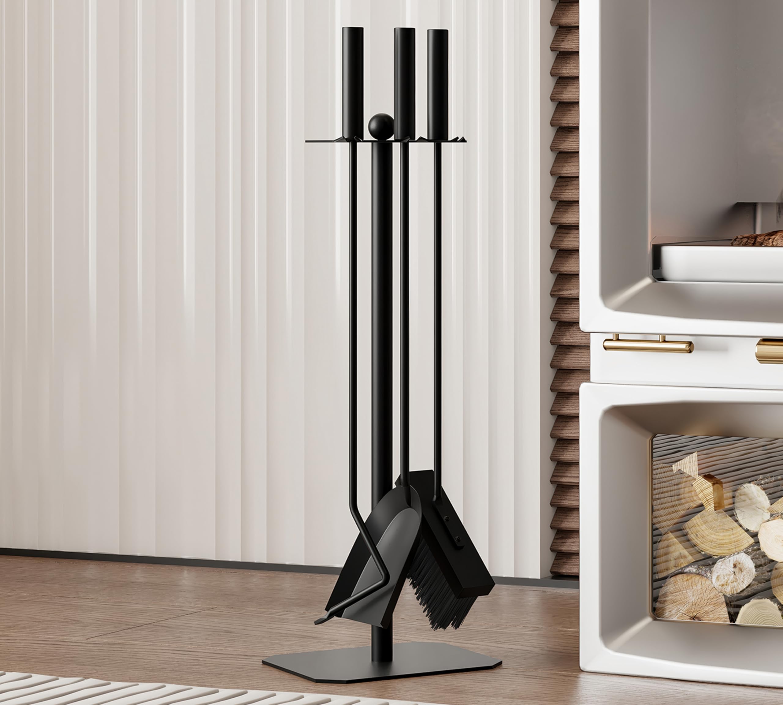 Juego de accesorios para chimenea Kingson – Juego de 3 piezas con cepillo, atizador y pala – Acero recubierto de polvo negro con detalle decorativo de bola – 57,5 cm