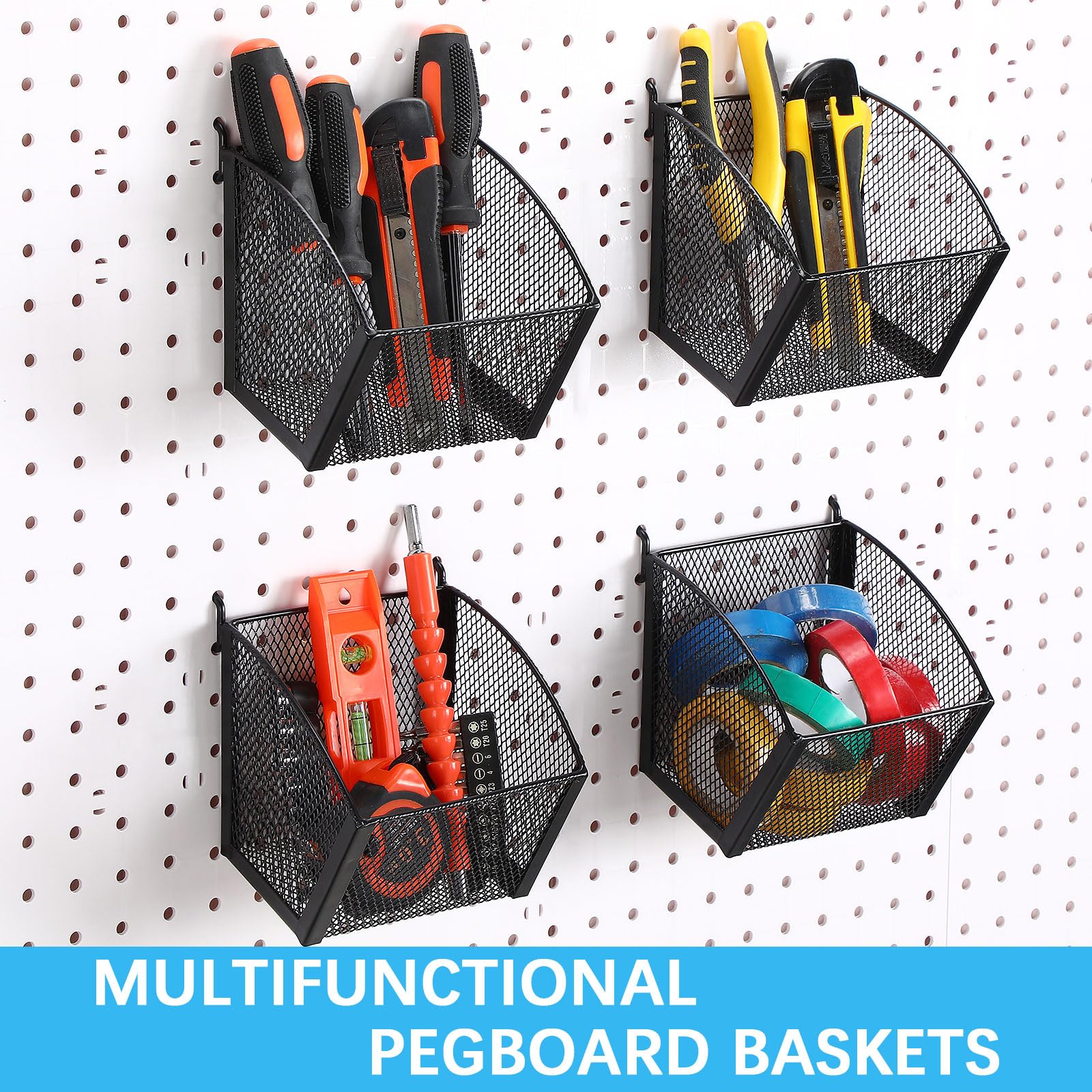 Skybooly 4 Pack Pegboard Baskets Metal Wire Storage Basket Hanging Wall Mount Bins Containers Accessories for Office Workshop Organizing Tools Stationery(Black)