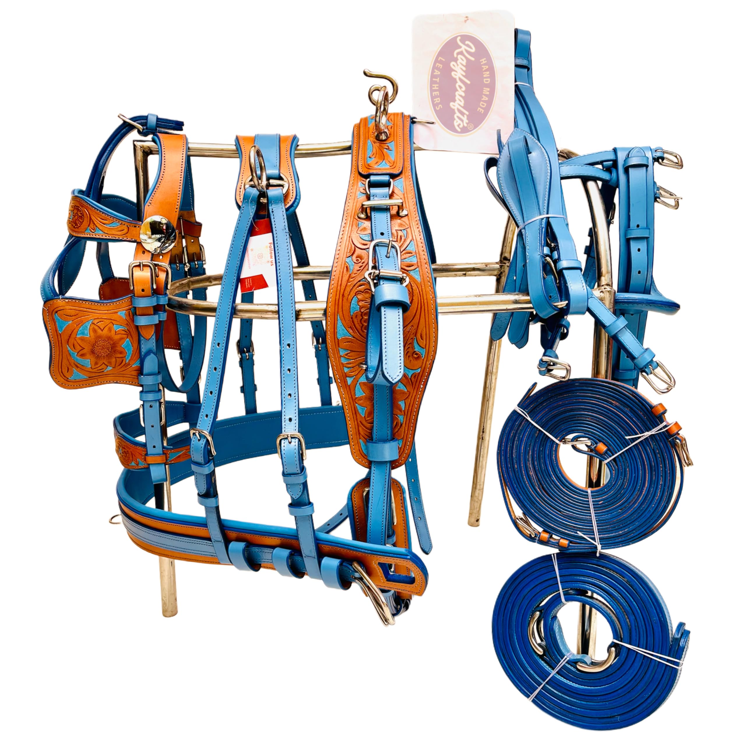 Premium Dual Tone Genuine Leather Horse Driving Harness Set for Single Horse cart Complete Buggy Carriage Driving Set (Natural Leather and Turquoise Blue, Pony)