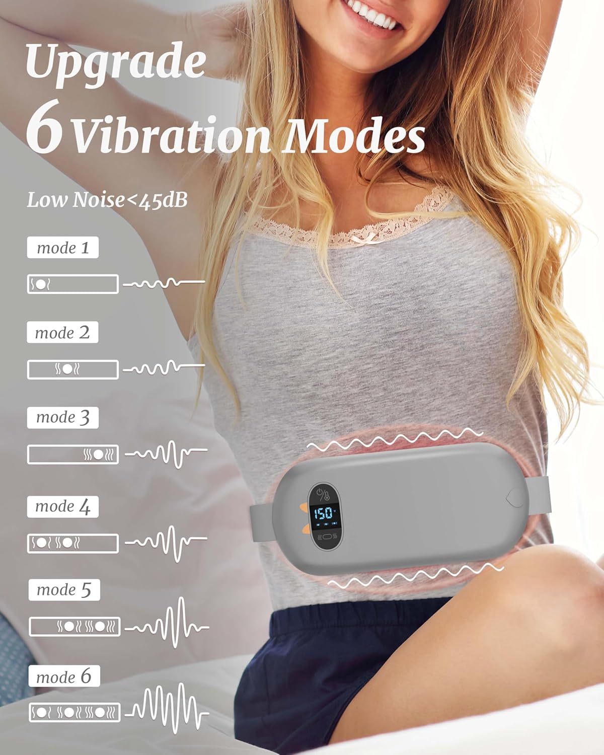 Portable Heating Pad for Cramps, Upgrade Cordless Electric Period Fast Heating Pad for Back Pain Relief Menstrual Belt 6 Heat 6 Massage Modes Gifts for Women Girls Her Girlfriend Grey
