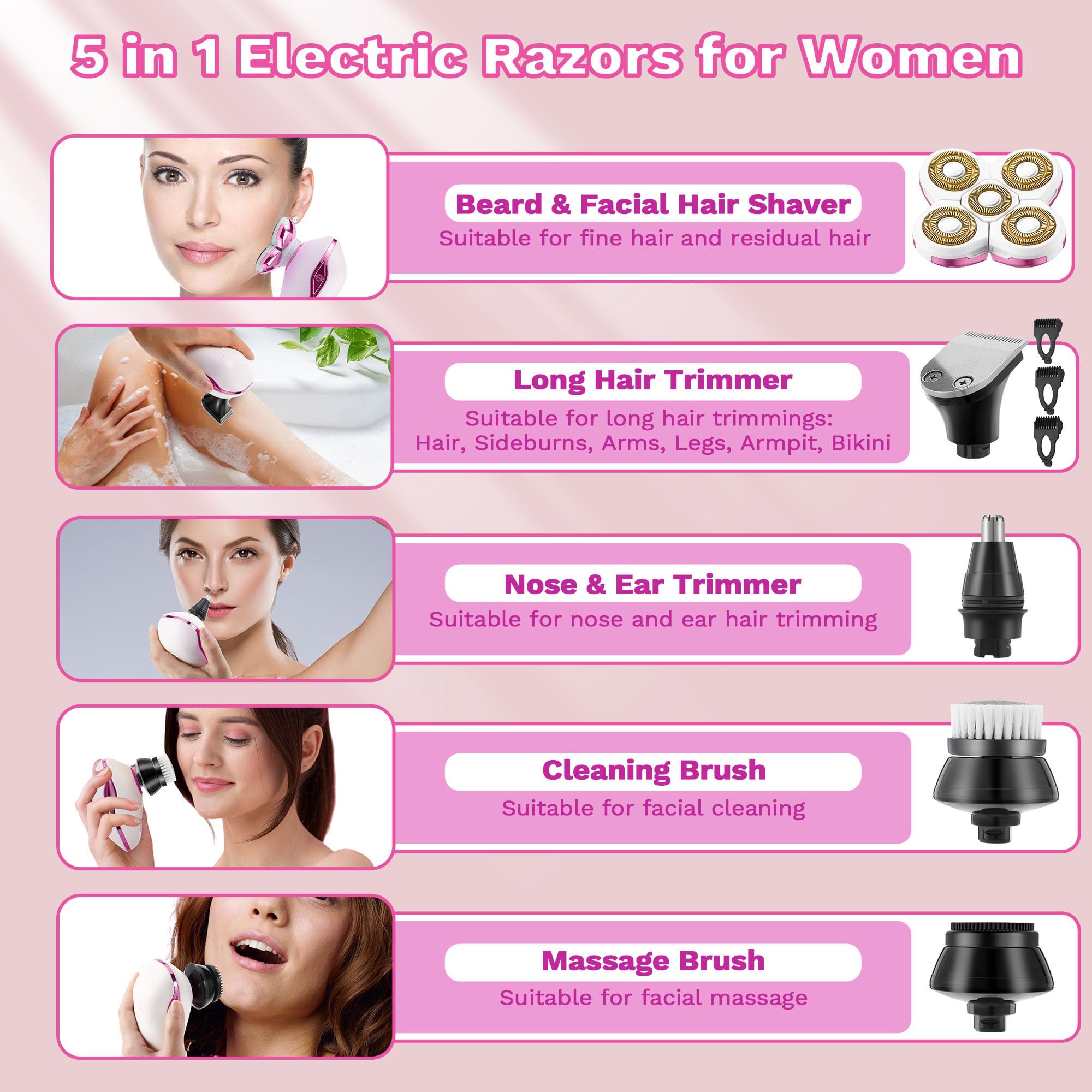 5-in-1 Electric Razor for Women, Wet/Dry Rechargeable Lady Shaver