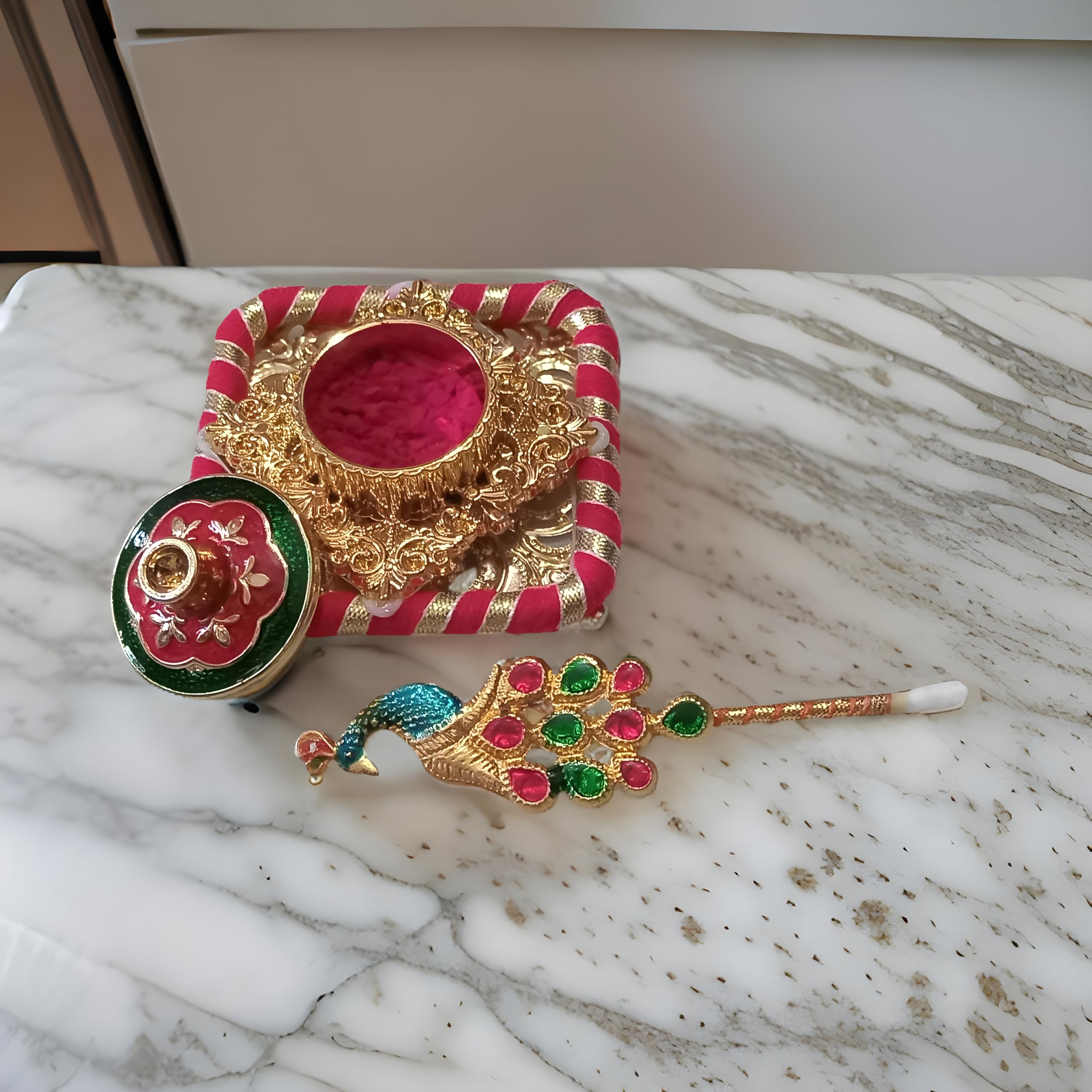 Premium Sindoor Dani With Colourful Design, Premium Sindur Dibbi, Premium Sindur Dani for Wedding, Premium Sindur Dani with Stick, Premium Kumkum Box, Homemade, Woman Wedding Use Red Colour (L7xW7xH3)-picture-17