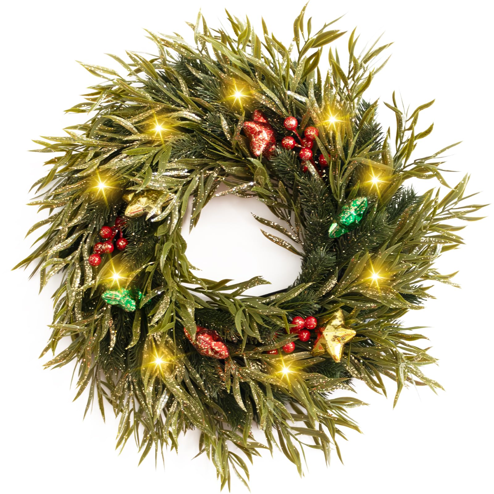CHEAWRTZ Christmas Wreath, Christmas Wreaths for Front Door, 20" Pre-Lit Christmas Wreath with 25 LED Lights, Willow Pine Wreath Decorated with Star, Berries for Indoor Outdoor Wall Mantle Door Decor