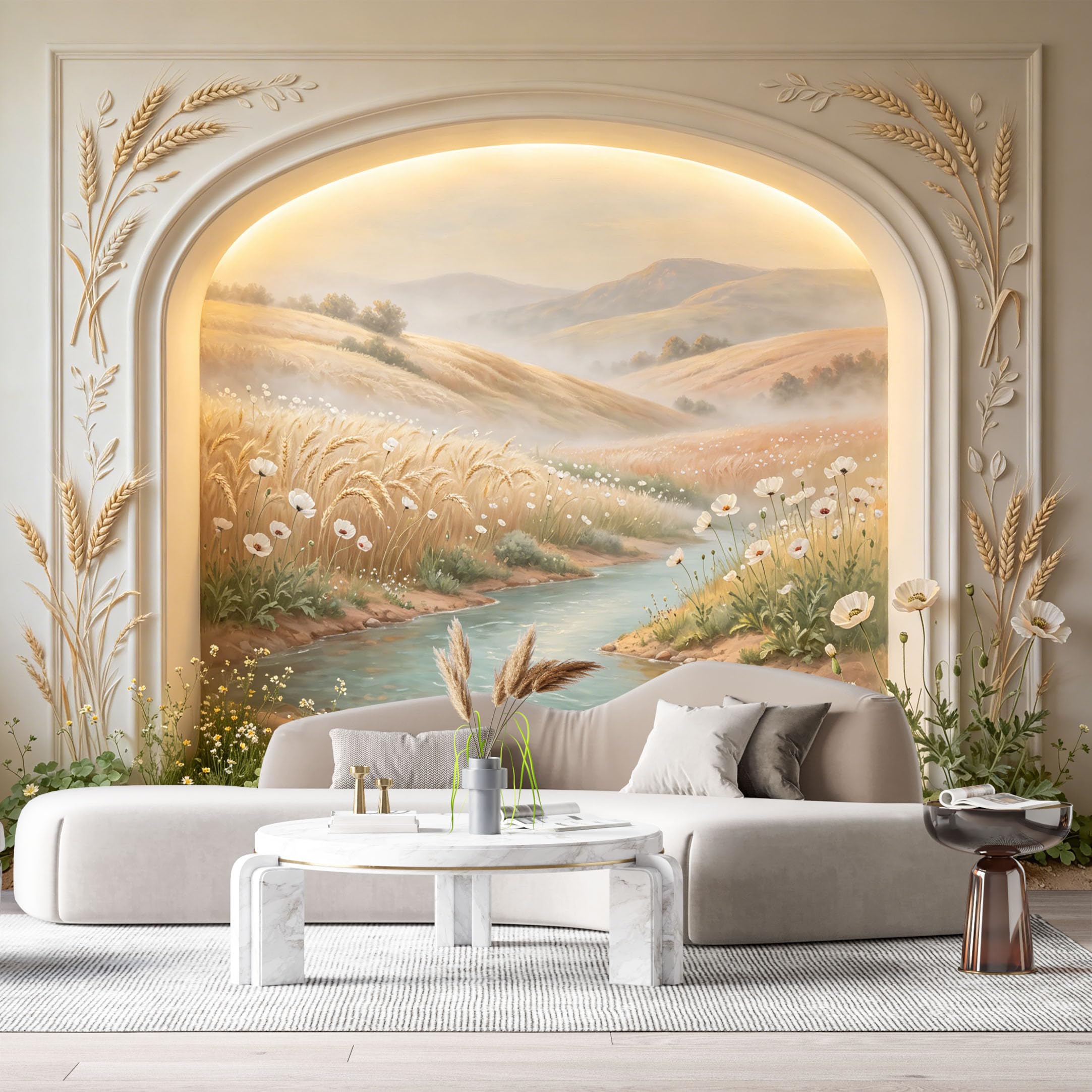 Custom Size Wall Murals Farmhouse Landscape Wheat Field River Oil Painting 3D Trompe L'Oeil SelfAdhesiveWall Fabric Removable Wallpaper Wall Decor for Living Room Bedroom Bathroom