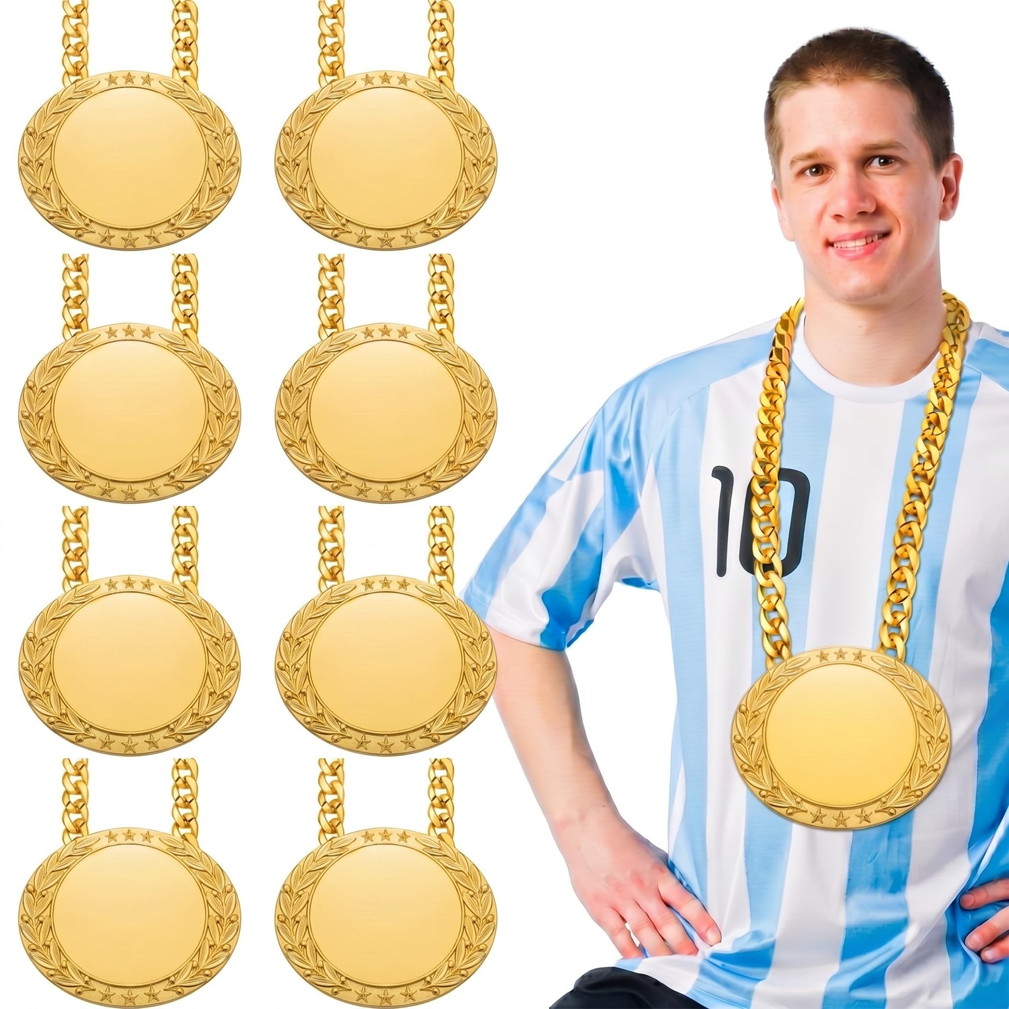 Photo 1 of DoubleFill 8 Pcs Custom Turnover Chain Medal MVP Rigid Plastic 6" Personalize with Your Own Logo or Art Gold Champ Medal Trophy and Gold Chain Winner Gift for Goat Basketball Football Baseball
