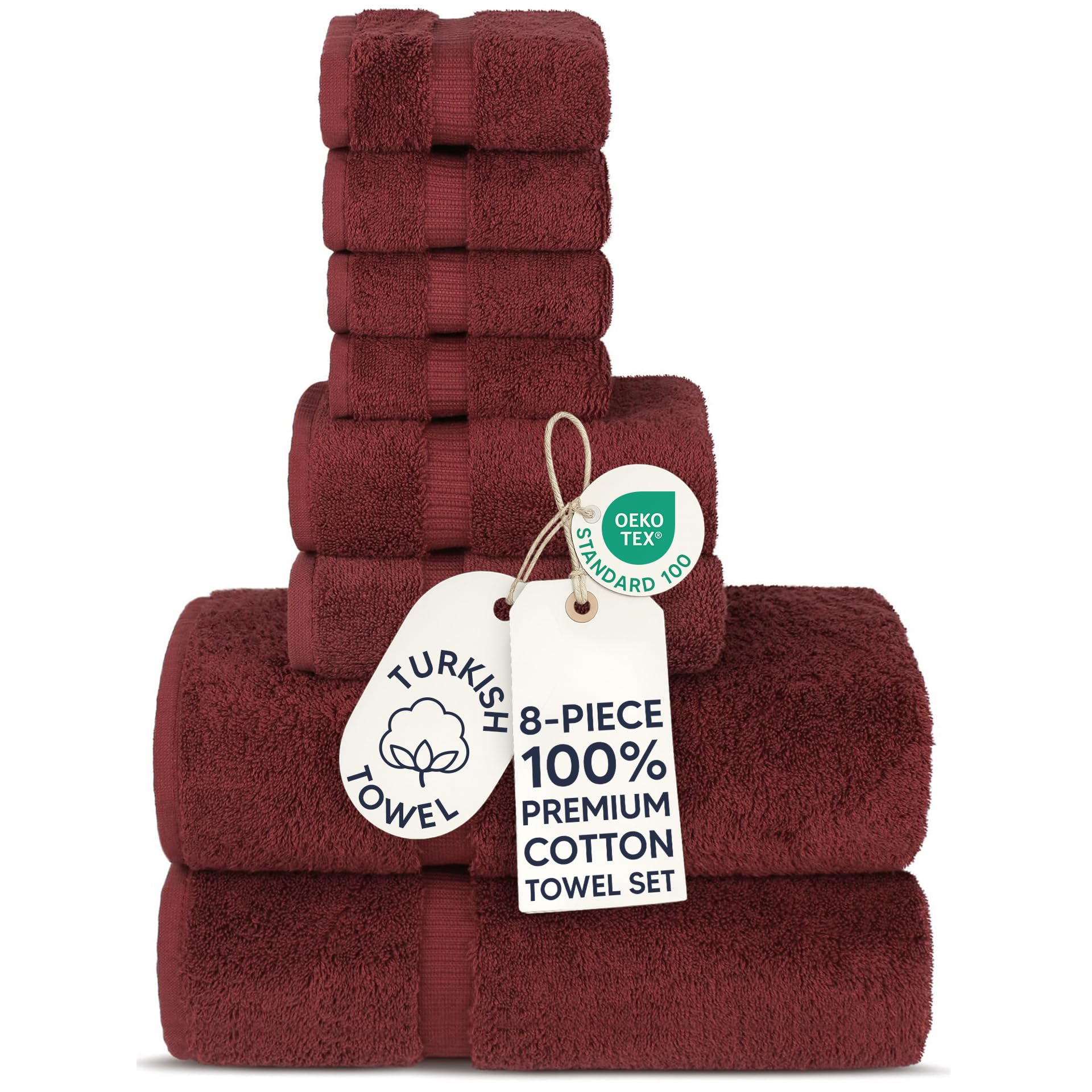 Chakir Turkish Linens Serviettes turques 100 % coton de qualité hôtelière et spa, douces et absorbantes (lot de 8 serviettes, canneberge)